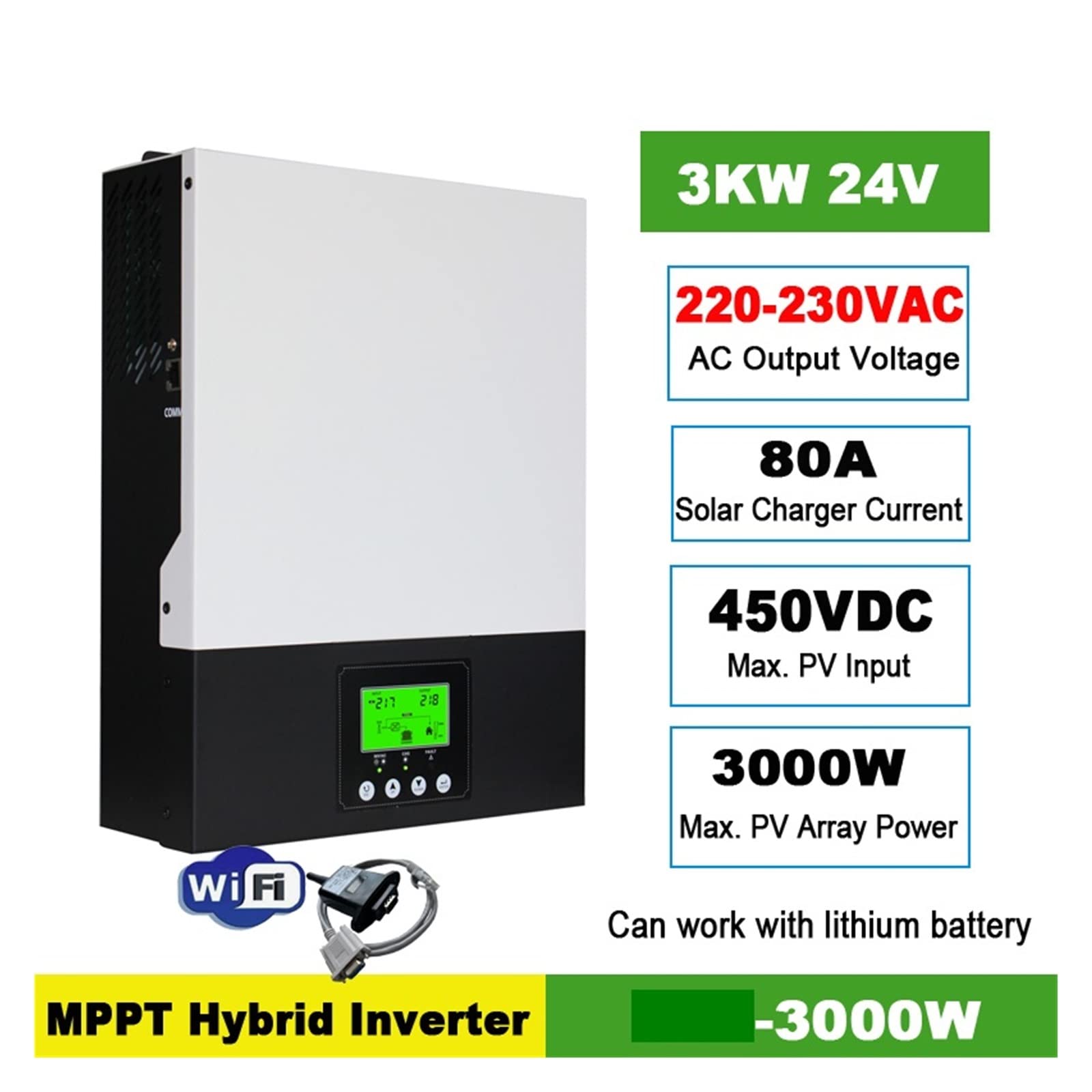 Inversor híbrido Solar de 3KW AC230V DC24V 80A 450VDC PV Entrada máxima 3000W Inversor de Onda sinusoidal Pura