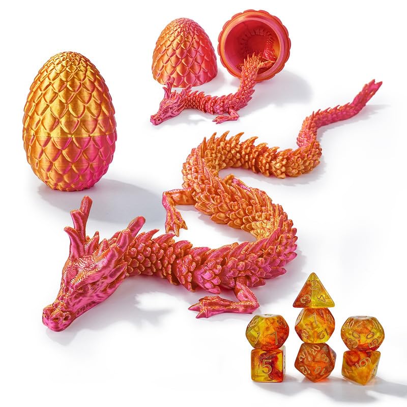 DND Dice Set 7 Pcs and 3D Printed Dragon Egg,DND Dice Dungeons and Dragons Starter Games Fidget Toys Set for RPG MTG Table Games,Laser Red
