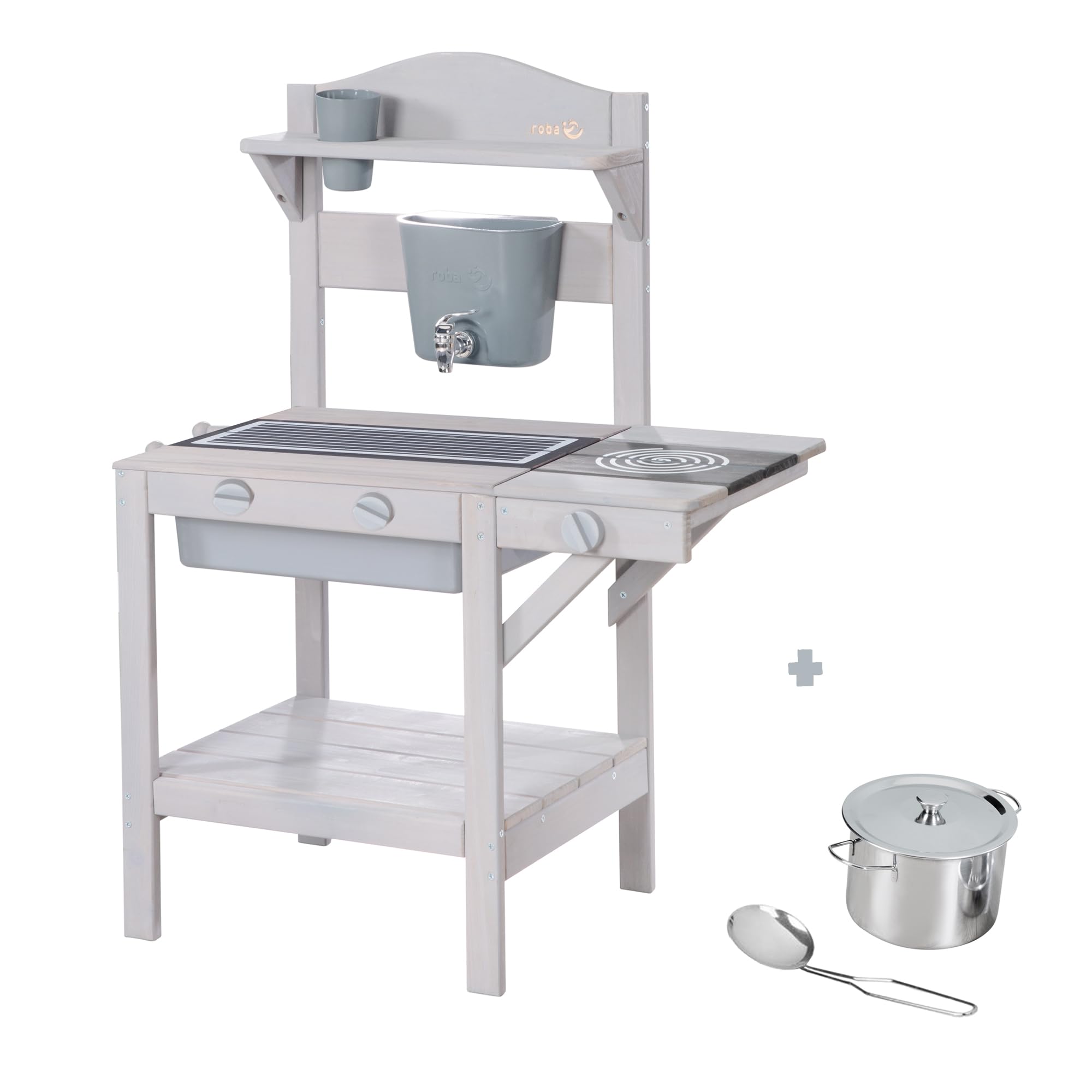 roba Cuisine Extérieure Compacte pour Enfants en Bois Massif - avec Gril, Évier en Plastique, Réservoir à Eau et Accessoires - Idéale de 18 Mois à 8 Ans - Gris Clair