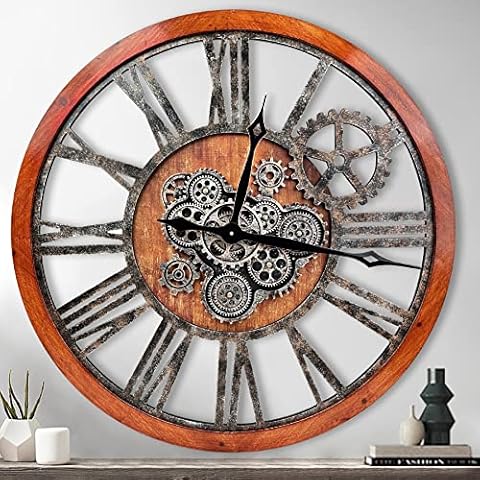 Outpicker Wall Clock Large 76 cm XXL with Real Rotating Gear Vintage Decorative Wooden Clock Industrial Wall Decoration for Living Room Farmhouse (Brown) Cover