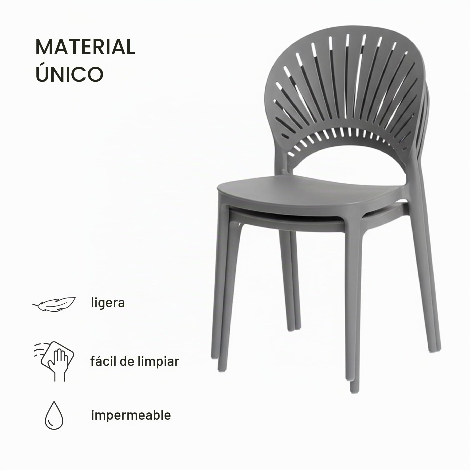 Baroni Home Juego de 4 sillas de plástico apilables, sin montaje, fáciles de limpiar, con gomas antideslizantes, para cocina, salón, comedor, 36 x 37 x 72 cm, gris, respaldo grande con rayos