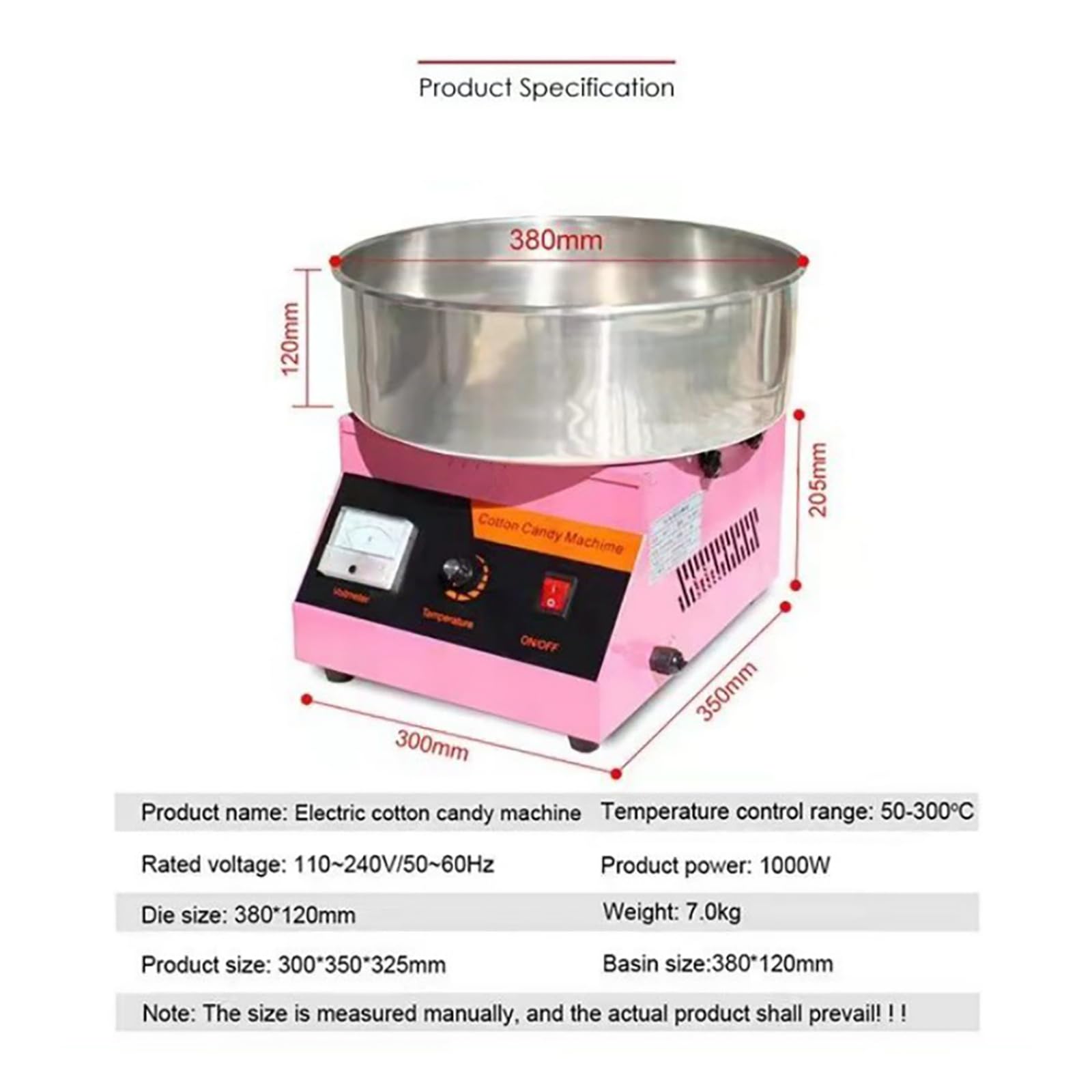 Machine à barbe à papa professionnelle 1000 W 50-300 °C 110 ~ 240 V 50 ~ 60 Hz pour maison, anniversaire, fête de famille (rose)