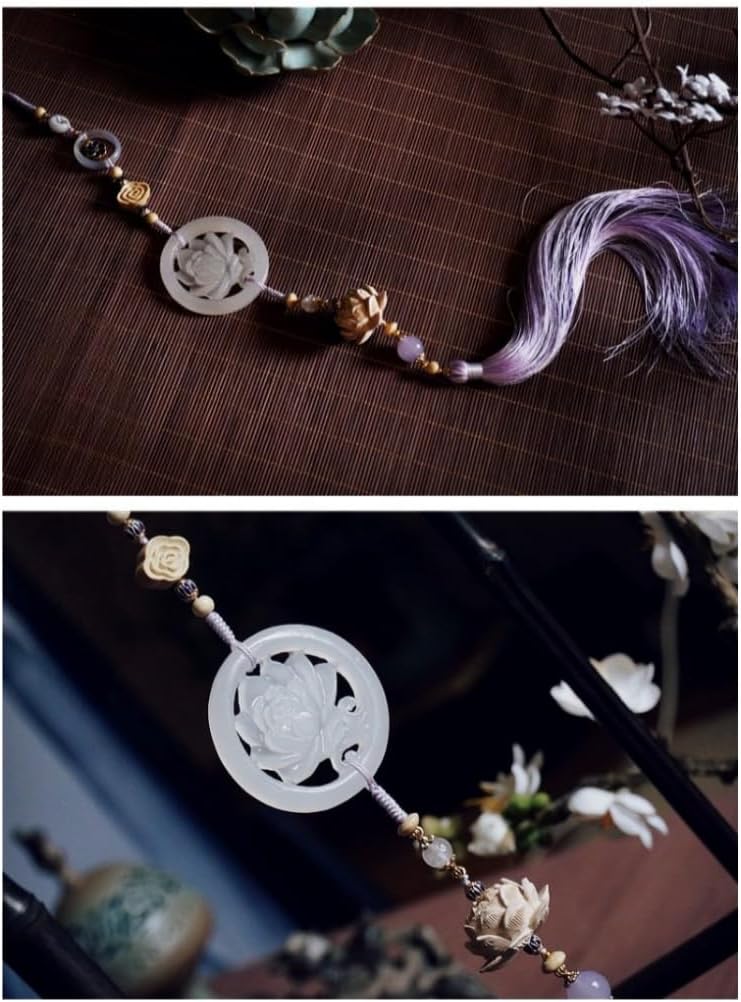 The Untamed Cosplay Prop White Jade Lotus Flower Agate Tassel Waist Pendant, 40cm Long, Purple Tassel
