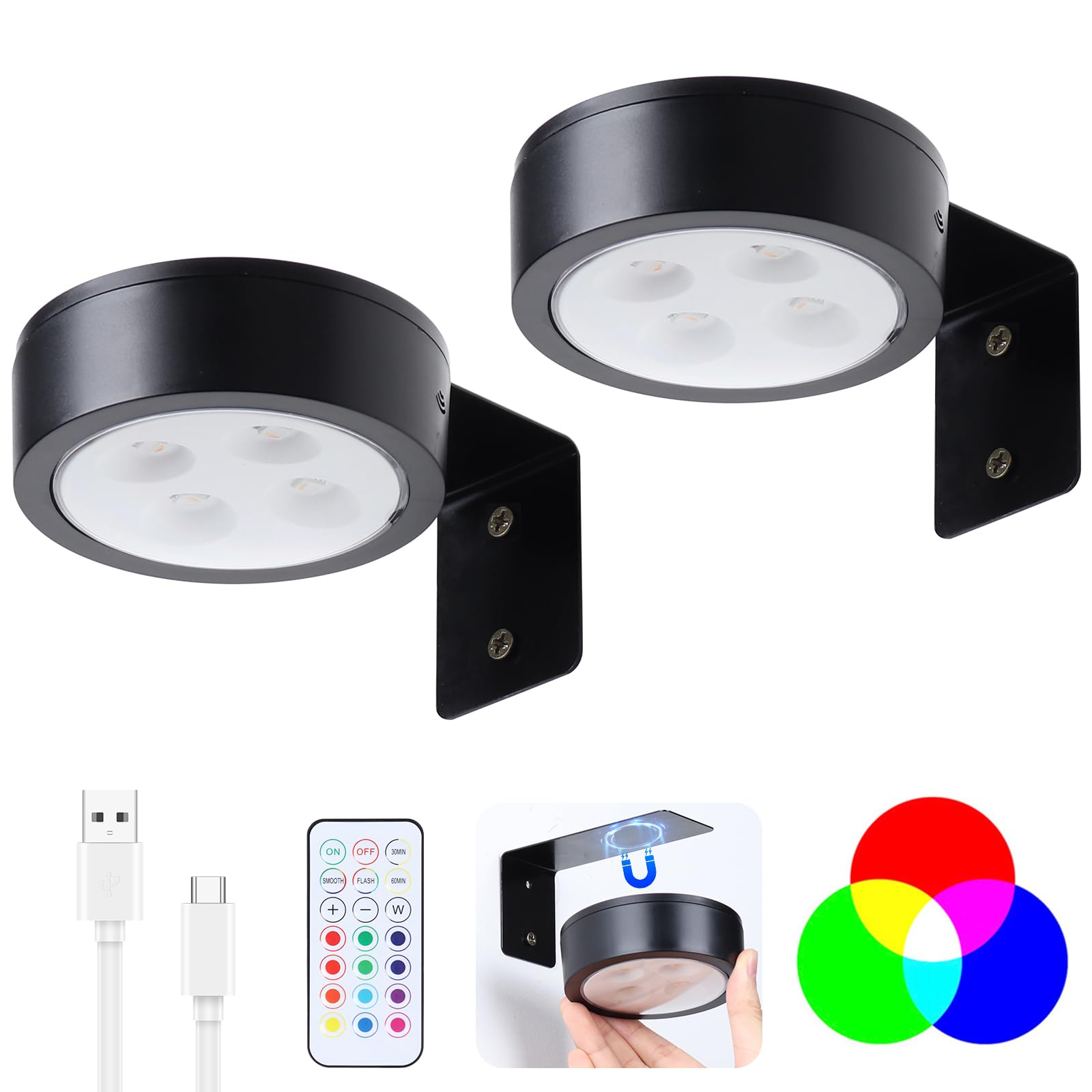 2 Pack Picture Lights for Wall, Black Rechargeable Magnetic with Remote