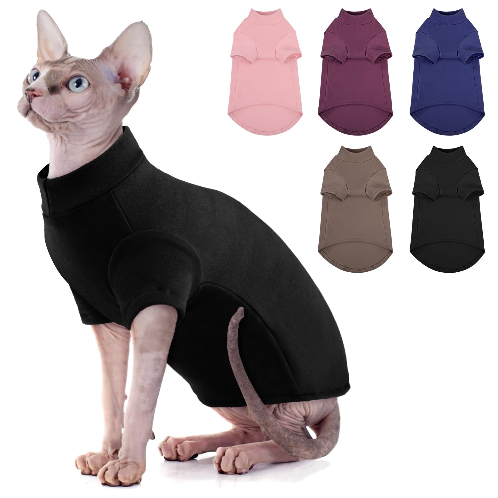 SUNFURA Turtleneck Sweater for Cat, Sphynx Cats Shirt Hairless Cat Sweaters with Sleeves, Warm and Soft Kitten Pullover Fleece Winter Pajamas Jumpsuit for Puppy Cats, Black M