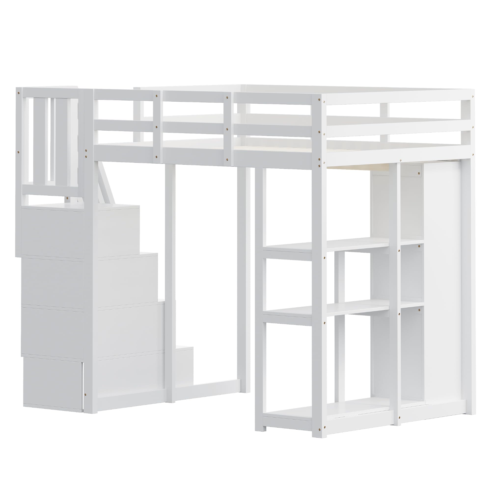 Kinderbett 140x200 cm mit Treppe Stauraum und Schubladen, Hochbett mit Offene Regale und Seitengitter, Stauraumbett, Holzbett, Weiß-A(Ohne Matratze)