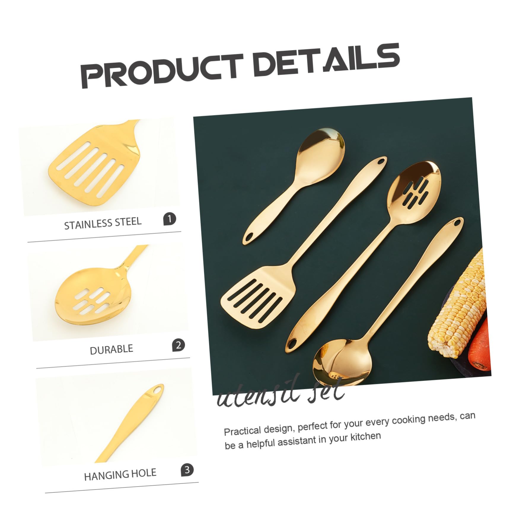 Kit D’ustensiles Cuisine 1 Set en Acier Inoxydable, Or | Pratique Trou Suspendre, Ensemble Cuisine Japonerie, Accessoires de Cuisson