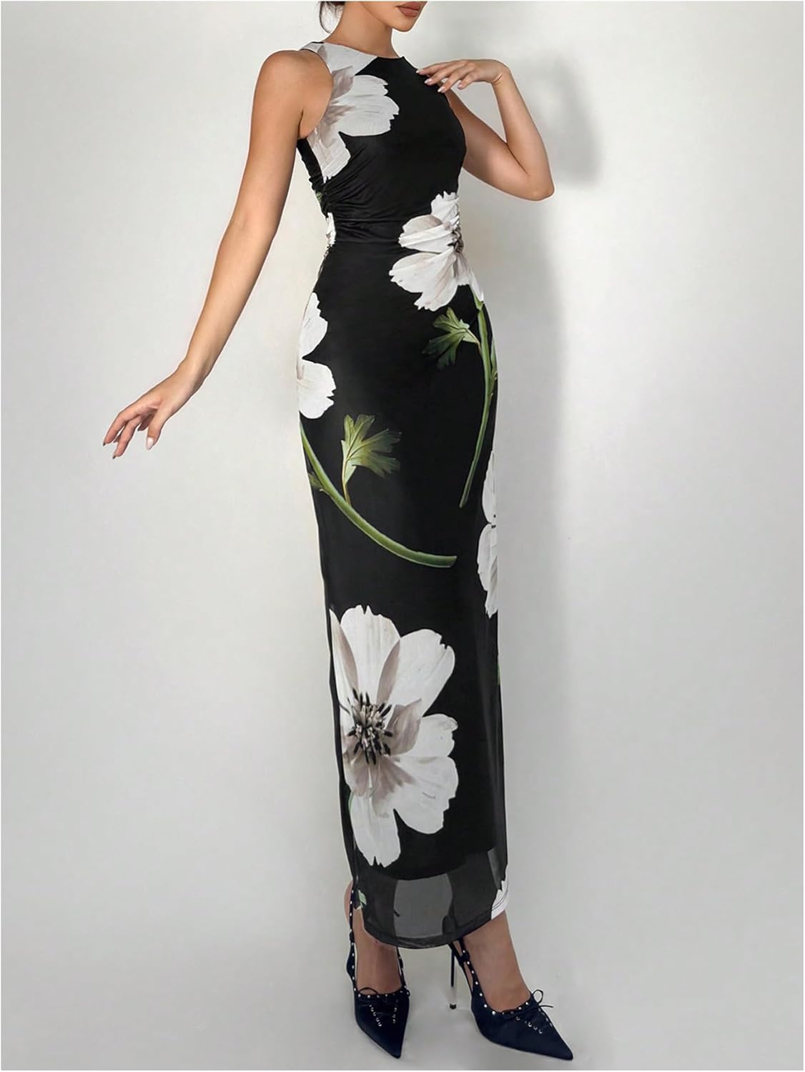 Women's Floral Maxi Dress Crew Neck Sleeveless Ruched Bodycon Mesh Formal Wedding Guest Dresses - Image 3