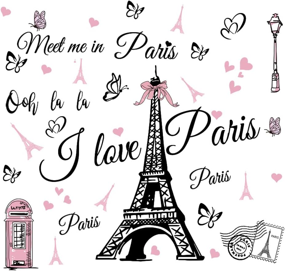 Pink Paris Tower Wall Stickers Bicycle Hot Air Balloon