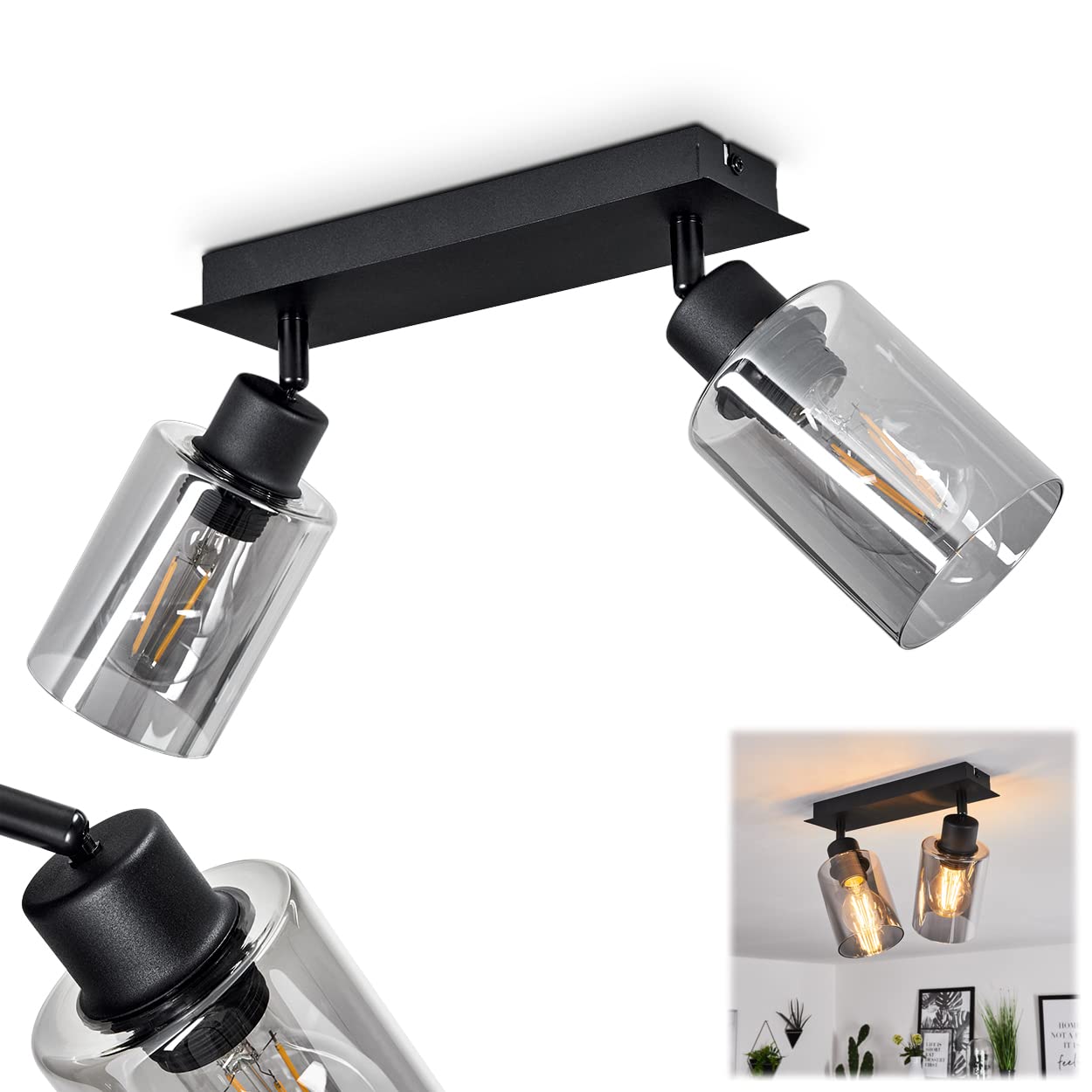 Hofstein Black Ceiling Lamp Hunouri, Metal/Glass Ceiling Lamp In /Smoke Colour, With Smoked Glass Lampshades, 2-Flame, E27 Socket, Without Bulbs, Lampshades Can Be Rotated