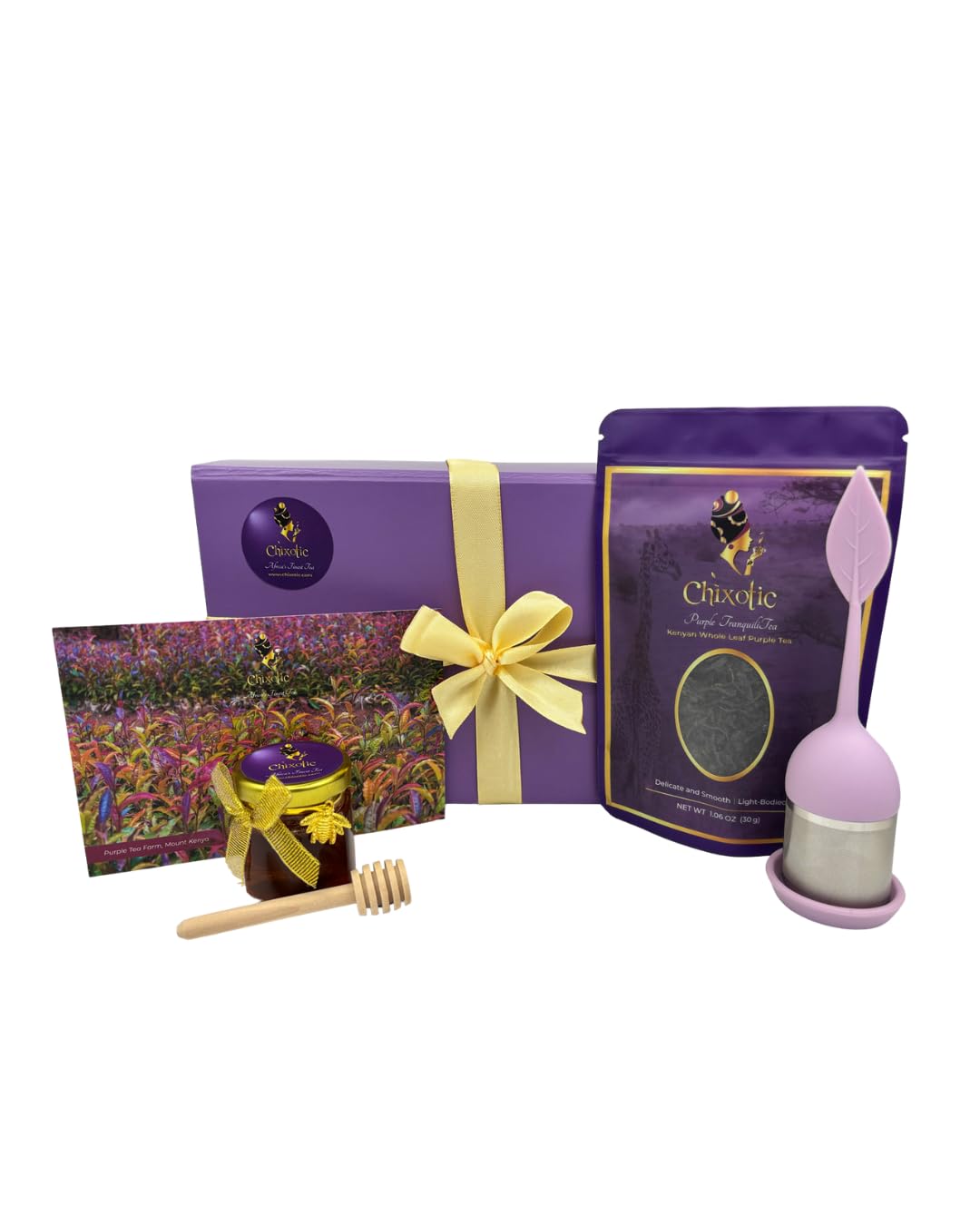 Chixotic Purple Tea Gift Box for Women, Mother’s Day Tea Care Package with Kenyan Purple Tea, Raw Honey, Tea Infuser, Personalized Note, Relaxing Self Care Gift Basket