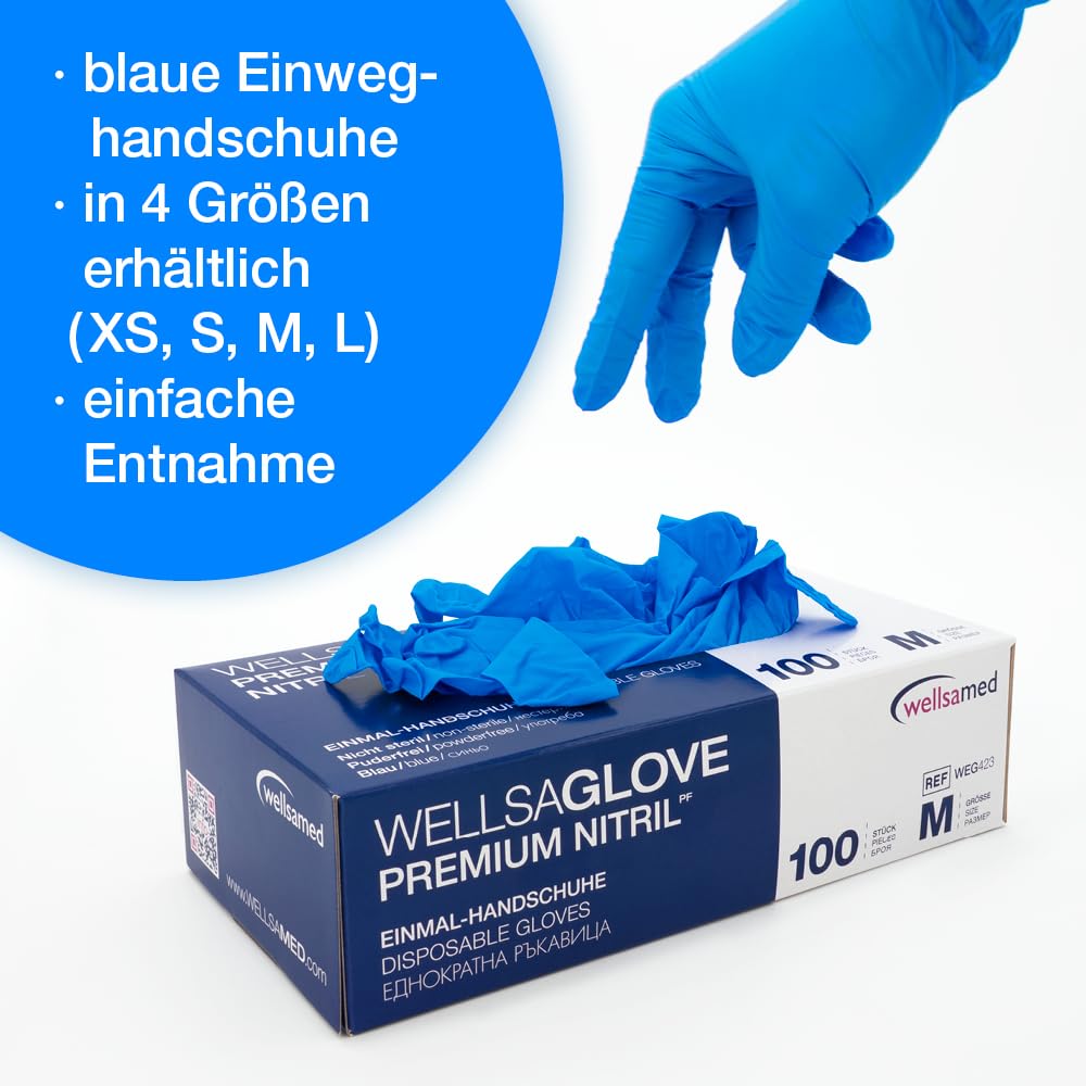 Wellsamed Premium Nitril Einweghandschuhe, Blau, Größe S, Puderfrei, 1000 Stück (10 x 100), Reißfest