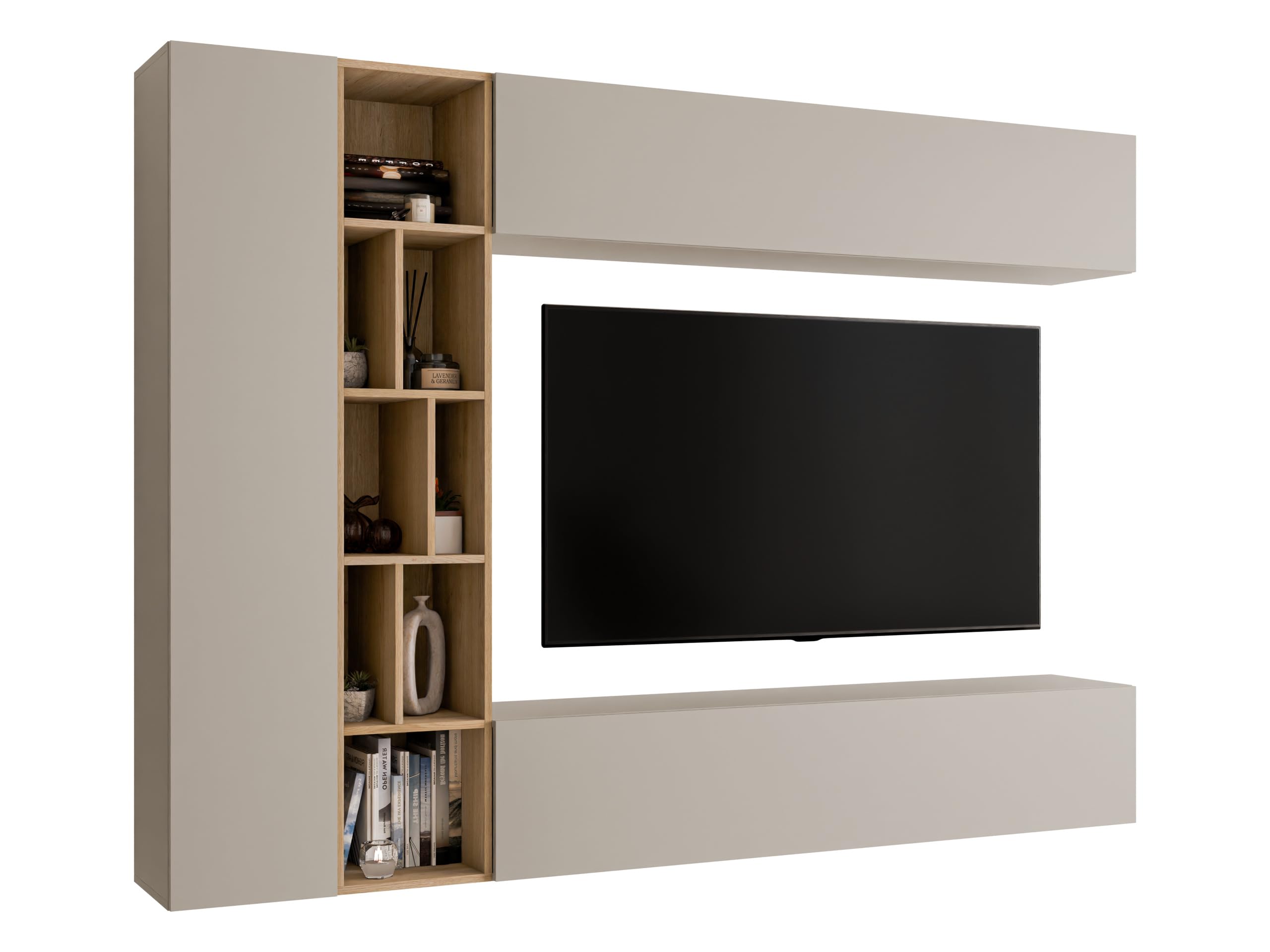 Mirjan24 Wohnwand Kodita, Anbauwand, Fernsehschrank, Schrankwand, Mediawand, Wandregal, Schrank, TV-Lowboard (Cashmere/Eiche Cremona)