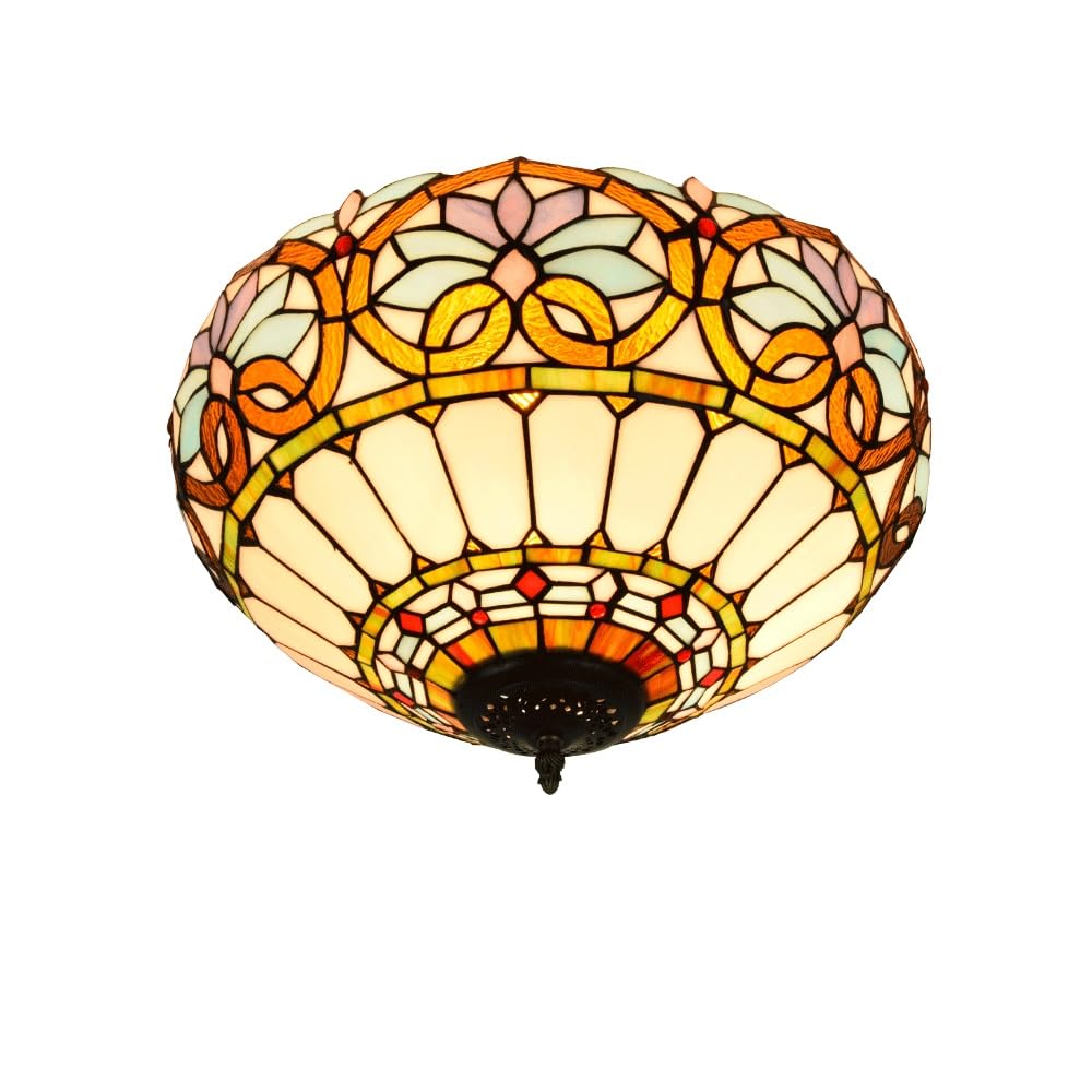 HJRegaFimu 16 Inches Flush Mount Ceiling Light Stained Glass Uplighter Lamp Blue Hearts Vintage Style Deco Large Chandelier For Living Dining Room Bedroom Corridor