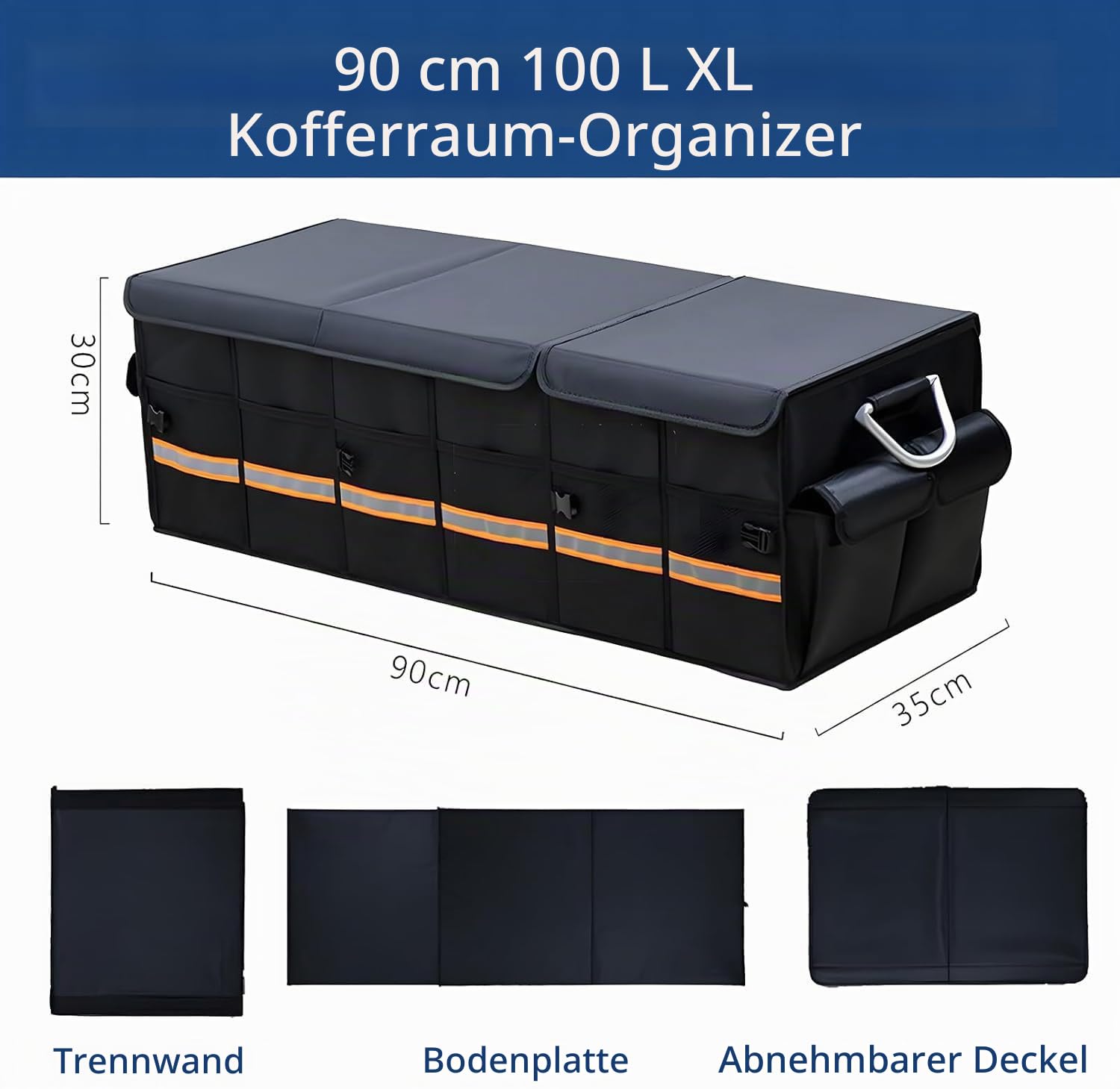 Faltbarer XXL Kofferraum Organizer 90cm – Auto Aufbewahrungsbox mit Verstärkten Aluminiumgriffen, Rutschfestem Boden & Mehreren Taschen – Kofferraumtasche für Auto, SUV & Van