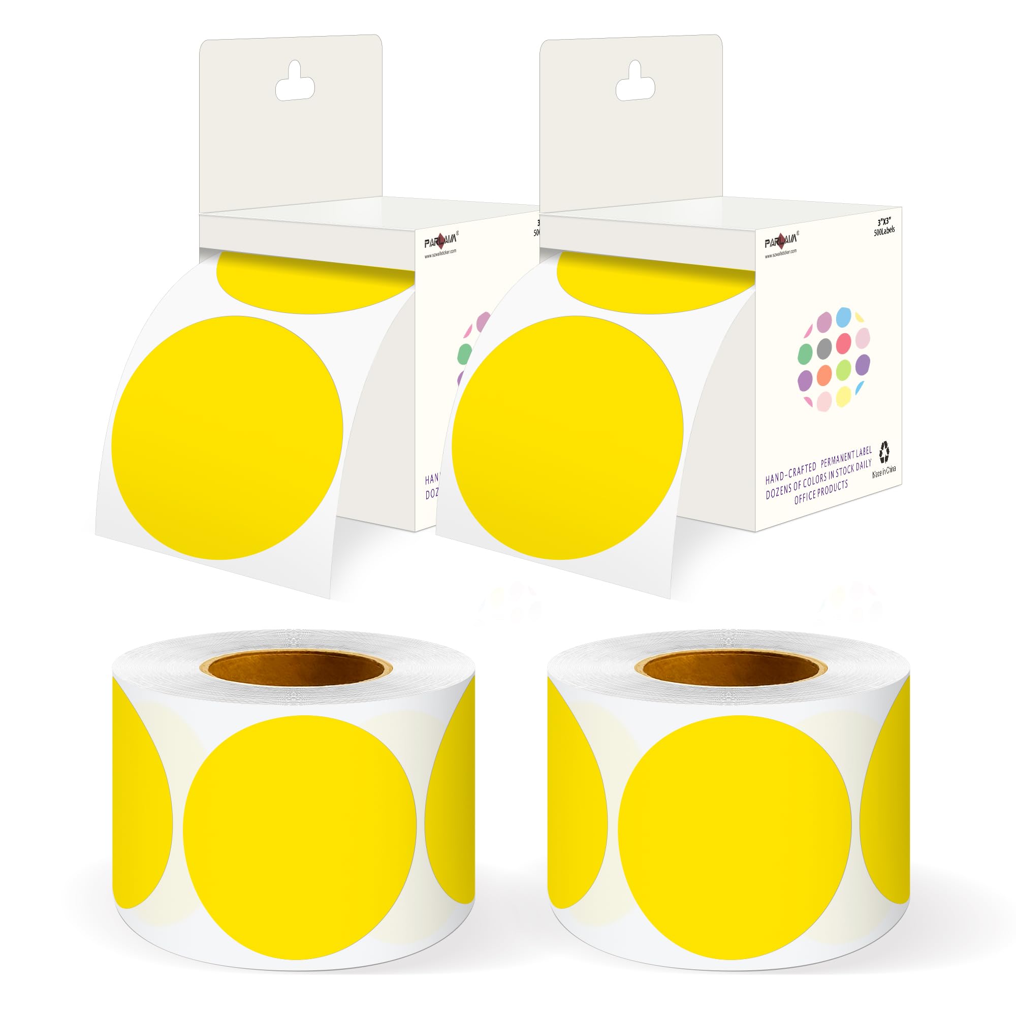 PARLAIM 3" Diameter Round Yellow Color Coding Sticker, 4 Rolls 2000PCS Circle Dot Label,Permanent for Inventory Box Labeling