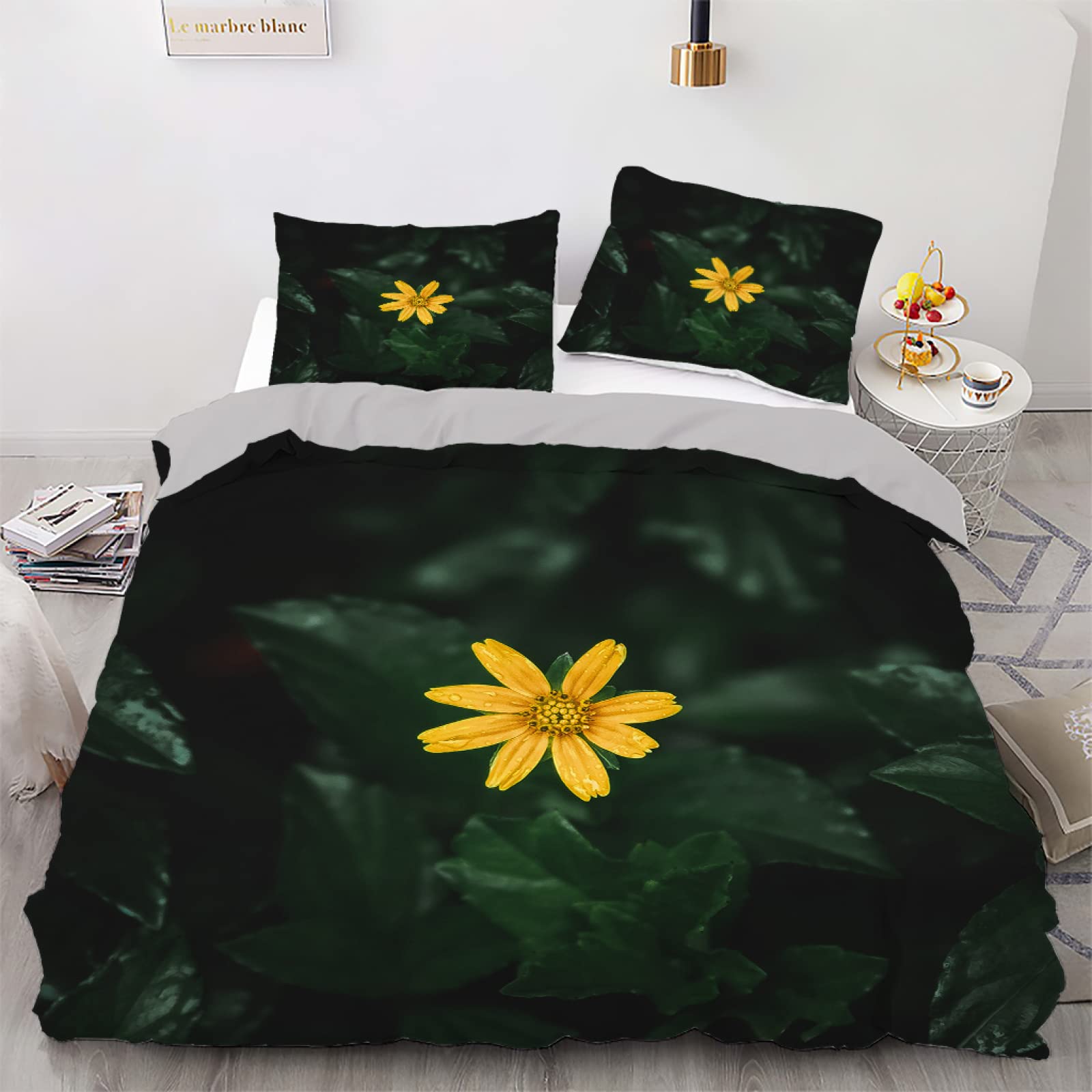 Housse de couette 140x200 chrysanthème vert en microfibre douce avec 2 taies d'oreiller pour ado