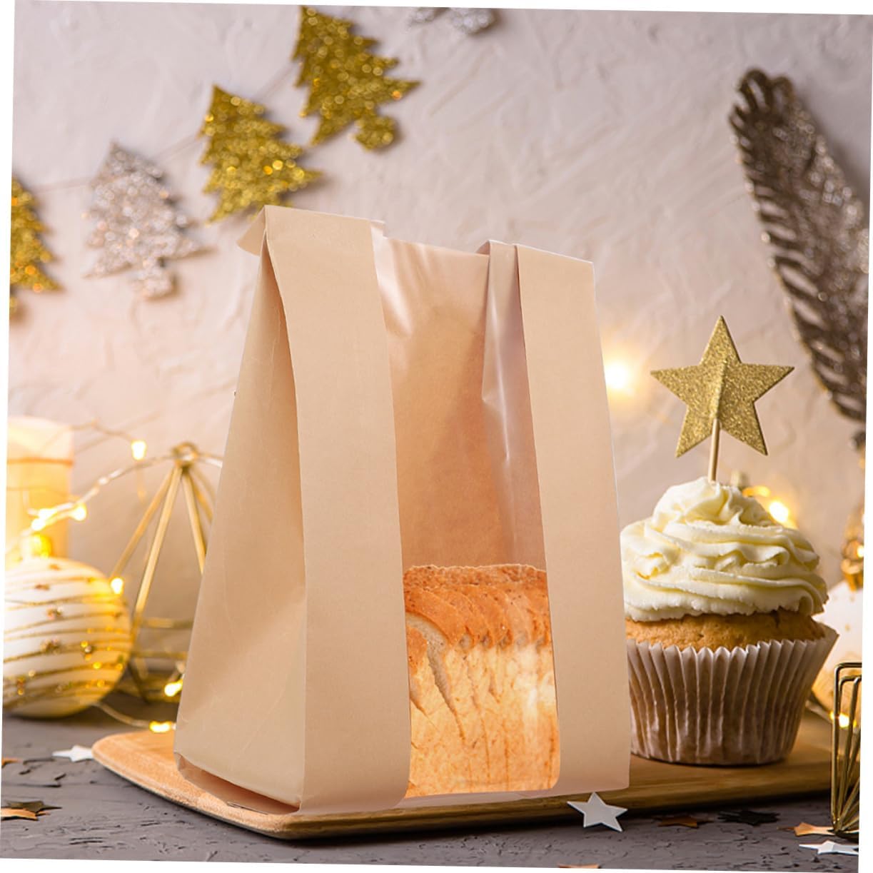 TIDTALEO 100pcs Food Paper Bags with Clear Window Kraft Bread Bags for Toast Cookies for Packaging Baked Goods for