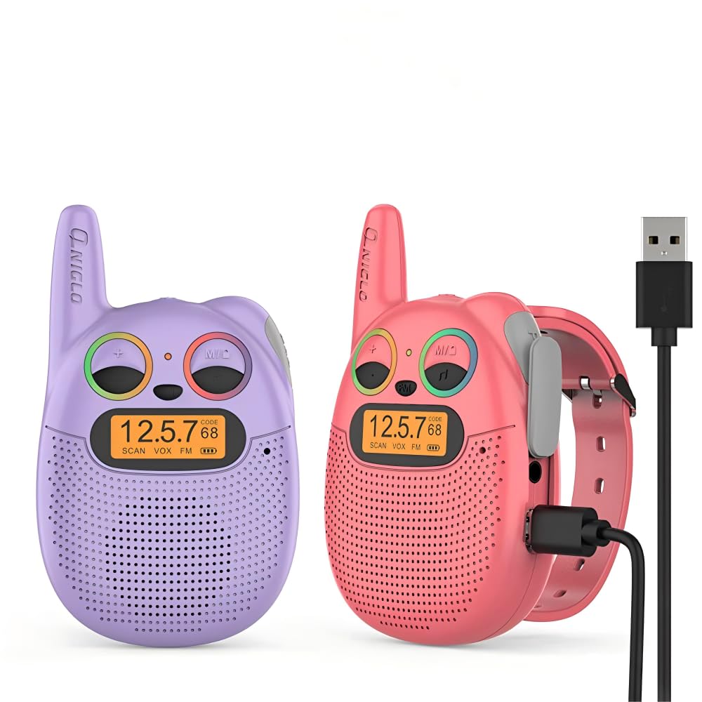 QNIGLO Q136 Walkie Talkie Niños Recargable USB,Radio FM 4Km Alcance 10 Tonos de Llamada,Montar en Bicicleta Acampar Correr,Cumpleaños Regalos para Chicas Chicos,Chulo Walkie con Radio (RojoVioleta)