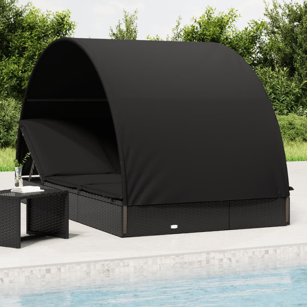 Sonnenliege für 2 Personen mit rundem Dach Schwarz 211x112x140 cm aus PE-Rattan pulverbeschichtetem Stahl verstellbar mit Polstern für Terrasse Balkon Pool Camping Relaxen