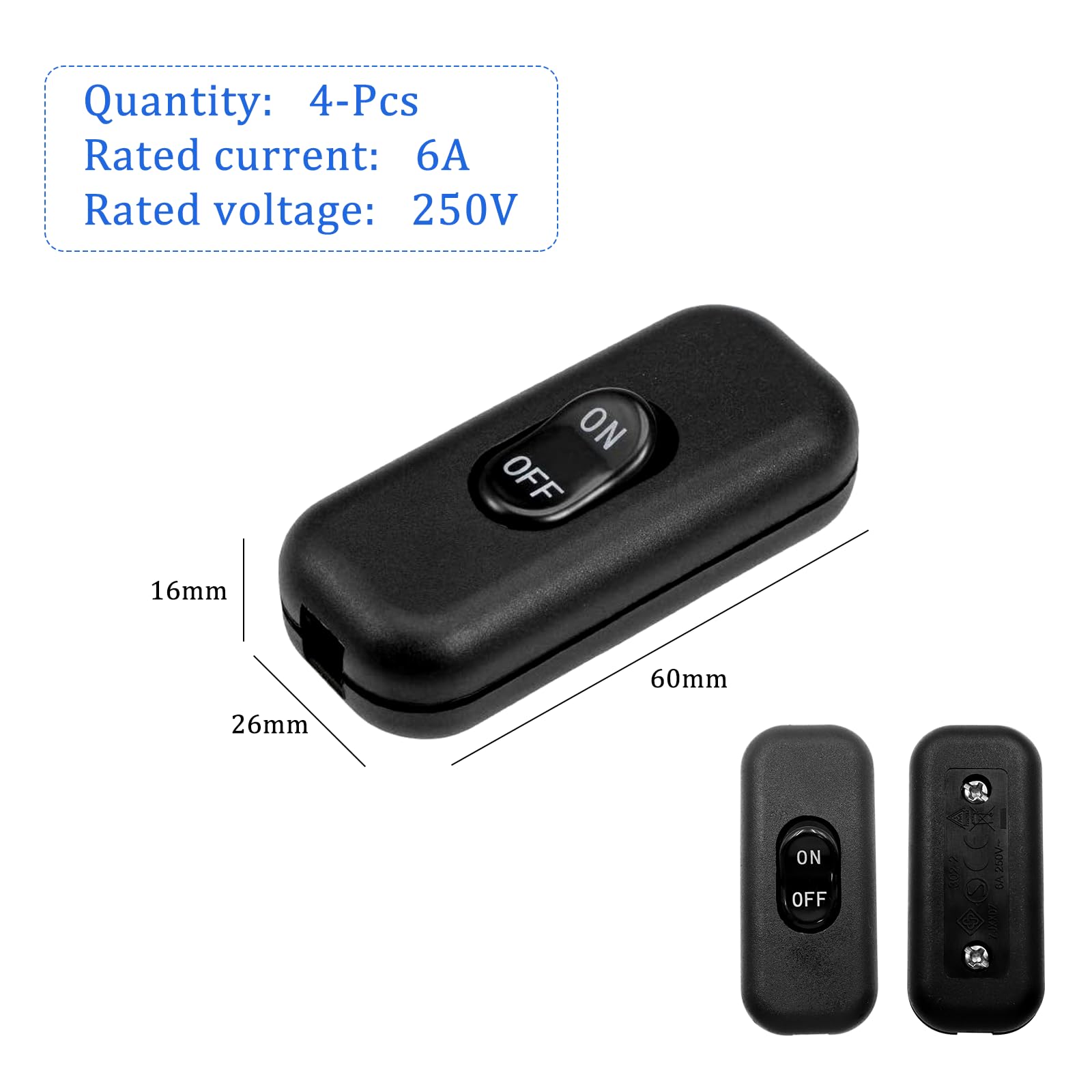 Pack of 4 Intermediate Switch 6A 250V Cord Switch 2-3-Pin Cable Switch Rocker Switch Inline Switch for Table Lamp Bedside Lamp Small Appliances Lamps (Black) - Image 2