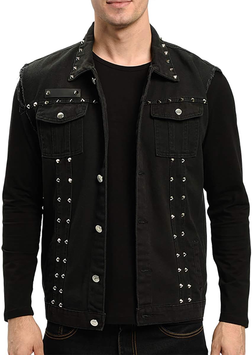 INVACHIMen's Slim Fit Punk Denim Vest Sleeveless Jeans Vest Jacket with Rivets