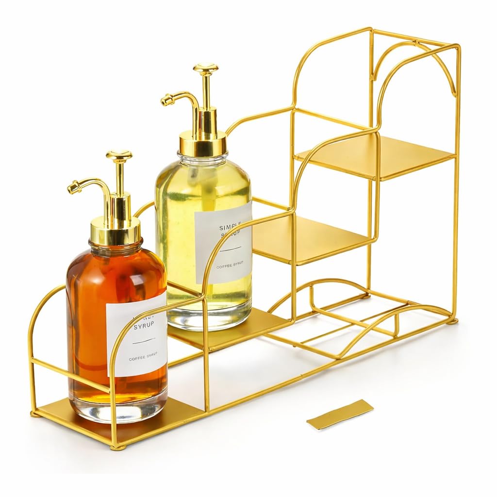 59146 Metal 4-Tier Syrup Bottle Holder, 4 Compartment Bottle Organizer Rack, Countertop Display Storage Shelf Bottle Stand, Metal Coffee Bar Organizer for Kitchen, Golden