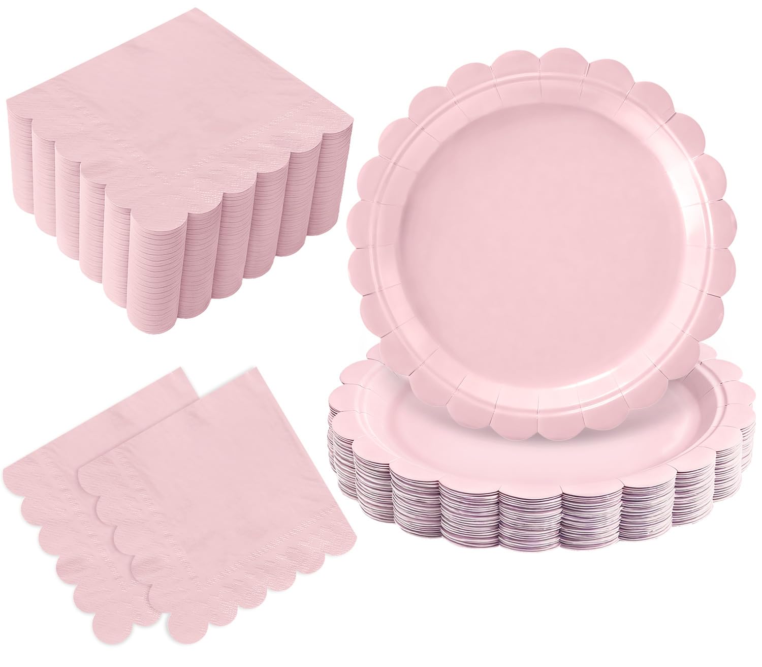 Oigco 50 Pcs Pink Plates and Napkins, Disposable Light Pink Scalloped Paper Plates & Napkins for Wedding Bridal Shower Birthday Baby Shower, Serves 25