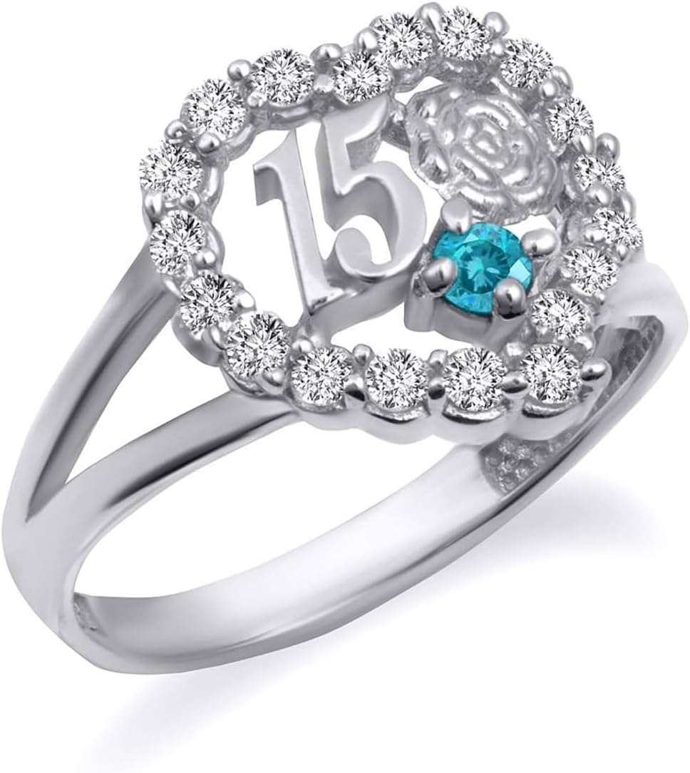 .925 Sterling Silver 15 Anos Quinceanera Heart Rose (Cubic Zirconia (CZ)) Flower Love Ring with Multiple Ring Sizes