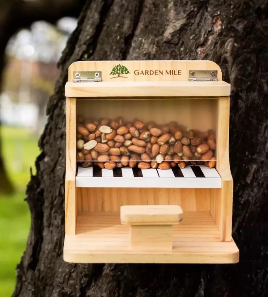 Garden Mile Piano Style Wooden Bird Feeder with Acrylic Lid – 17cm Outdoor Bird Seed Feeder & Squirrel Feeder for Garden Wildlife Feeding Station - Wild Bird Feeders - Wooden Squirrel Feeders