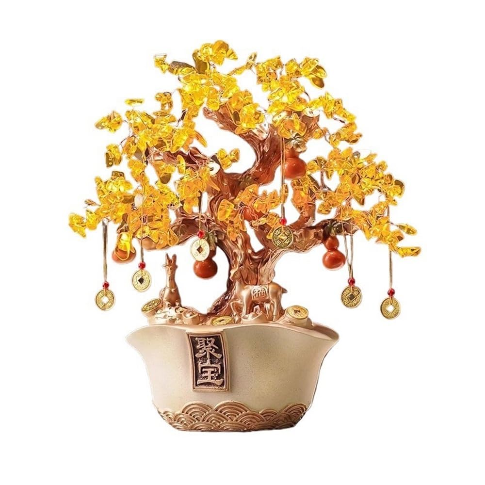 Fortune Crystal Trees Home Fortune Tree Ornament, Citrine with Gold Ingot Money, Living Room Entryway Wine Cooler Decorations(Beige)