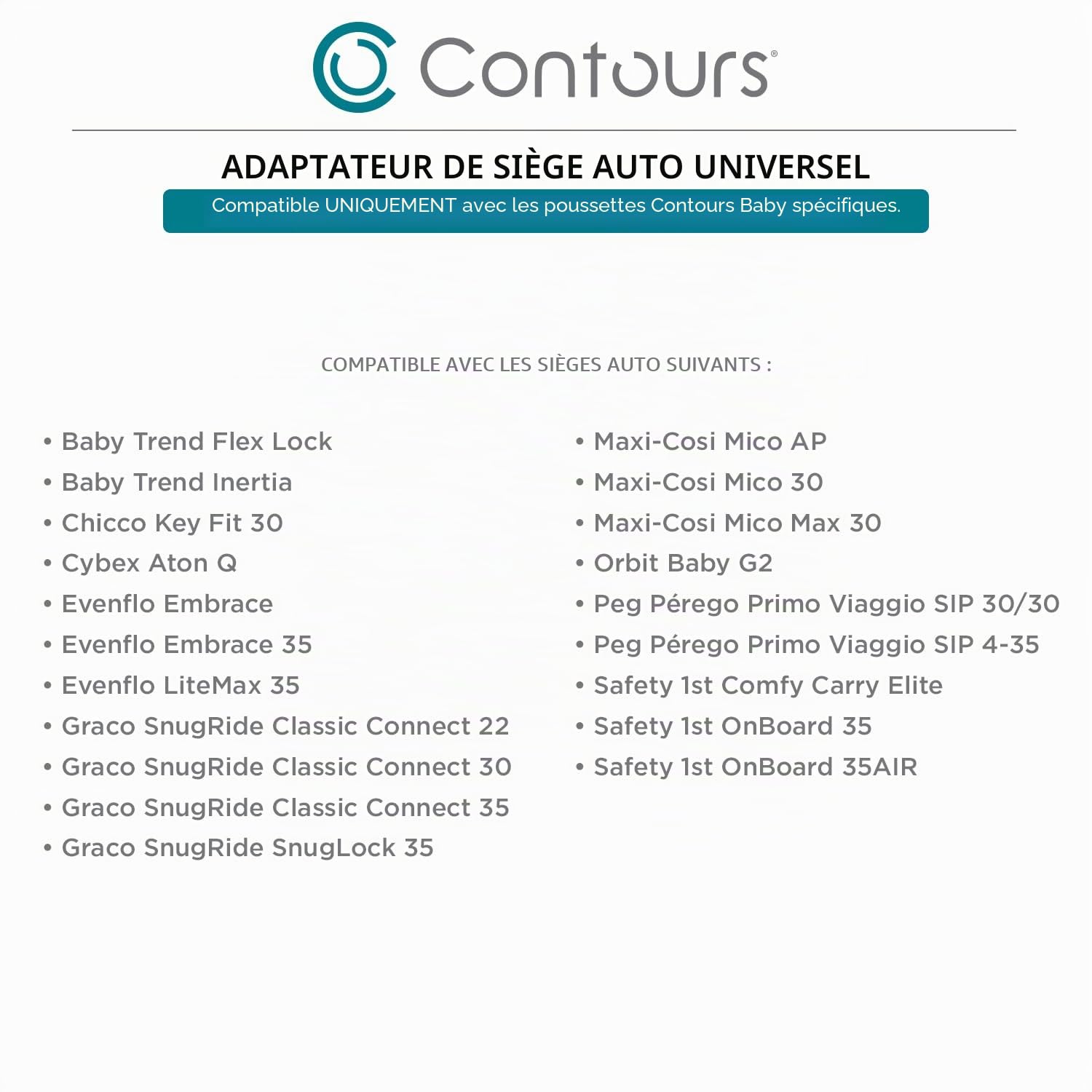Contours V2 Adaptateur de siège auto pour bébé – Compatible avec plusieurs marques de siège auto pour bébé – Exclusivement pour les poussettes Contours