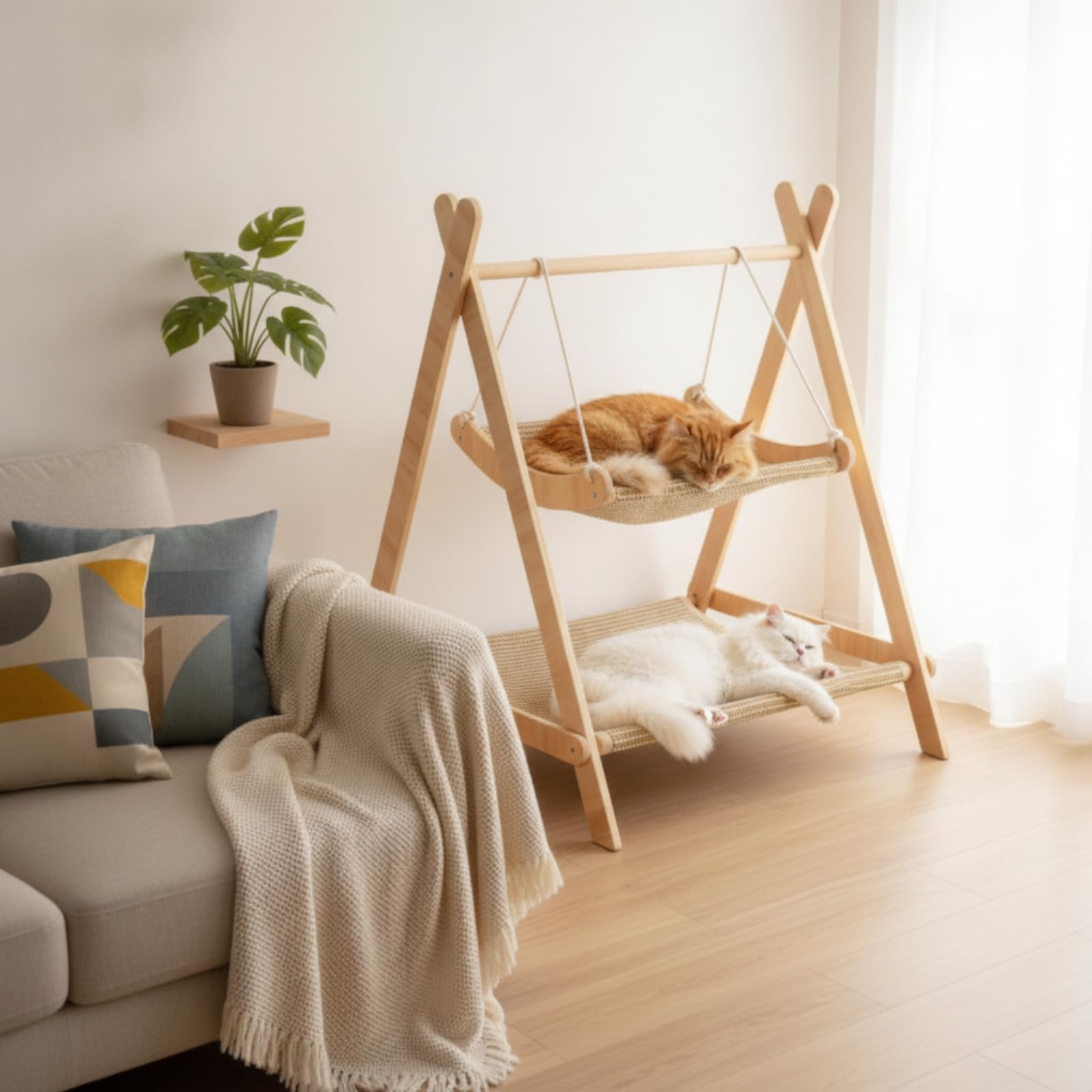 Gralara Amaca Gatto Legno Struttura Triangolare Doppio Livello Uso Interno Accessorio Animali per Gatti, Amaca A Doppio Strato Con Altalena - In Tela Di Iuta
