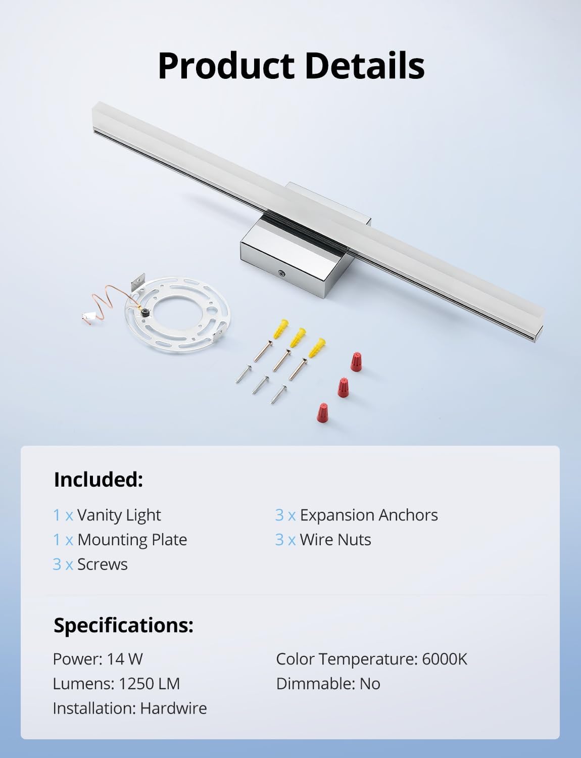 Diagram showing included components: vanity light, mounting plate, screws, expansion anchors, wire nuts