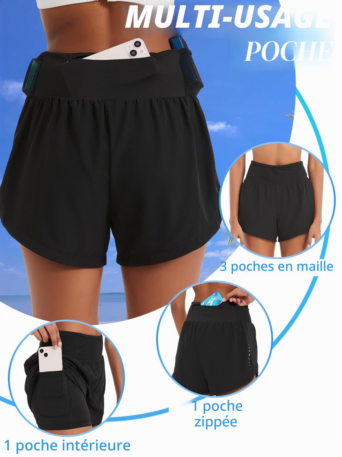 Short de course 2 en 1 pour femme avec poche zippée - Short de bain pour entraînement yoga jogging