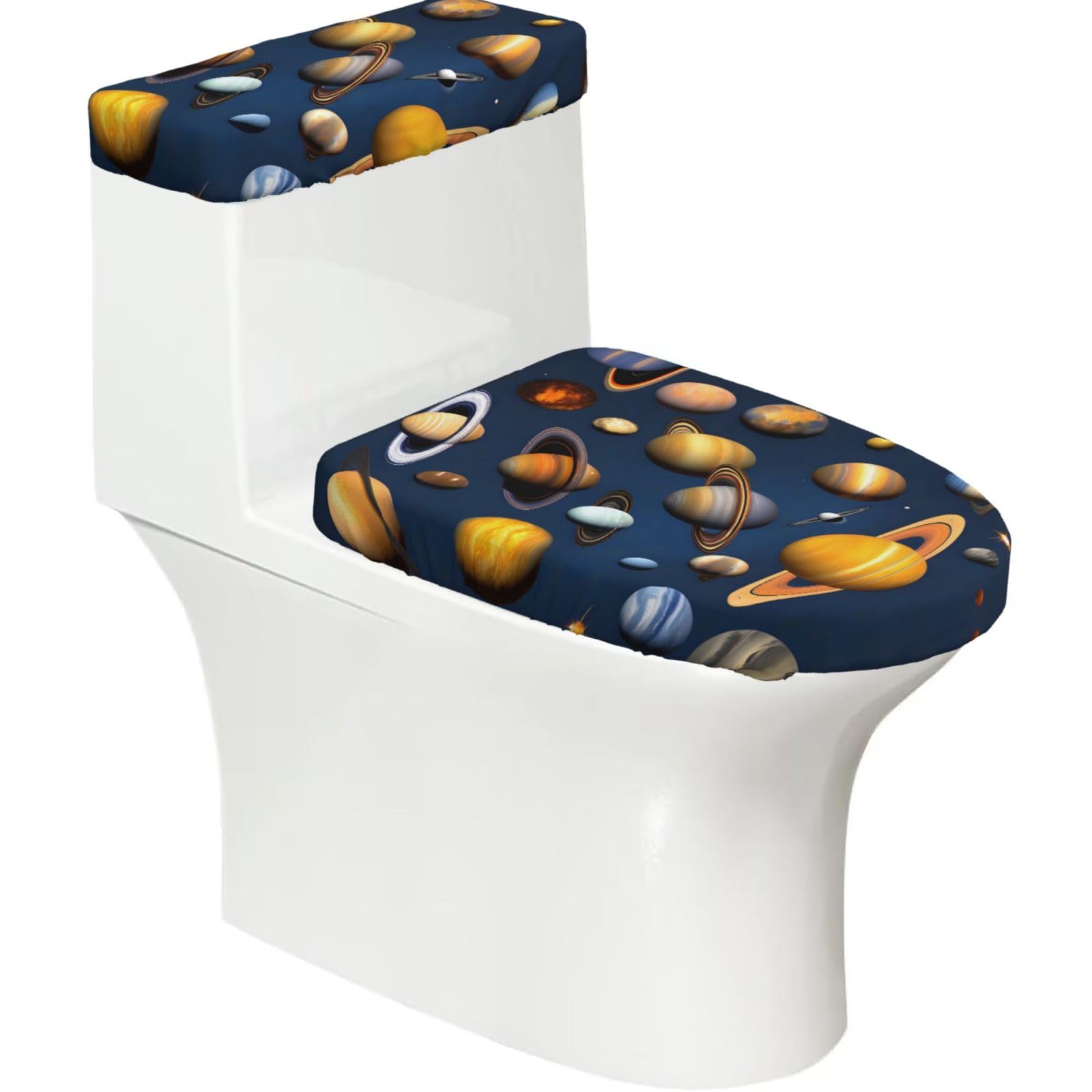 Cntdbu Black Solar System Planets Stretchy Toilet Lid And Tank Cover Set-Soft Elastic Bathroom Decor For U Shape Oval