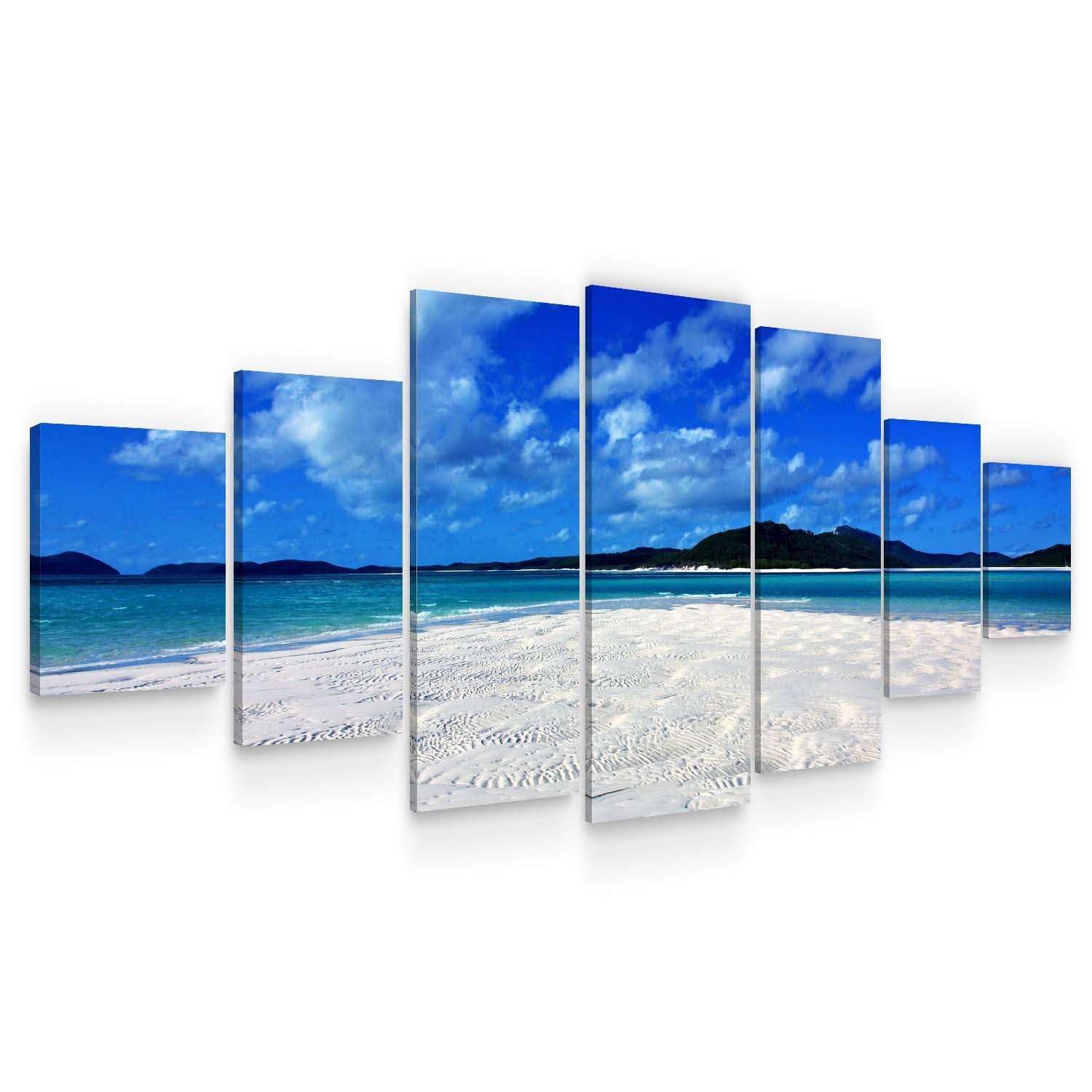 Startonight Blue Large Canvas Wall Art Beach - Island In The Clear Ocean - Huge Framed Modern Set Of 7 Panels 100 X 240 Cm