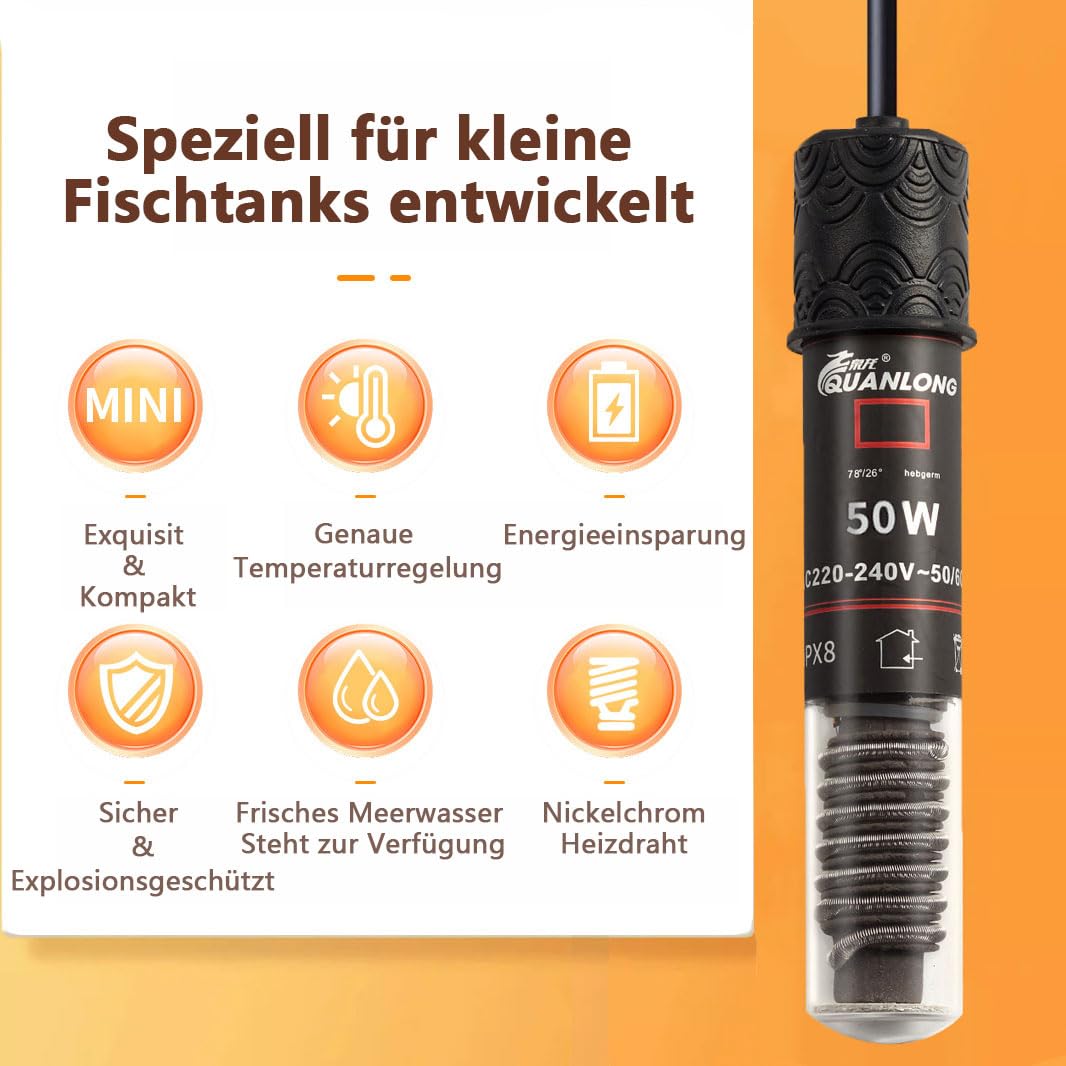 GERUI Mini grzałka do akwarium, 2 szt., 50 W, termostat, ogrzewanie dla małych akwariów, słonej i słodkiej wody, z kablem sieciowym 99 cm