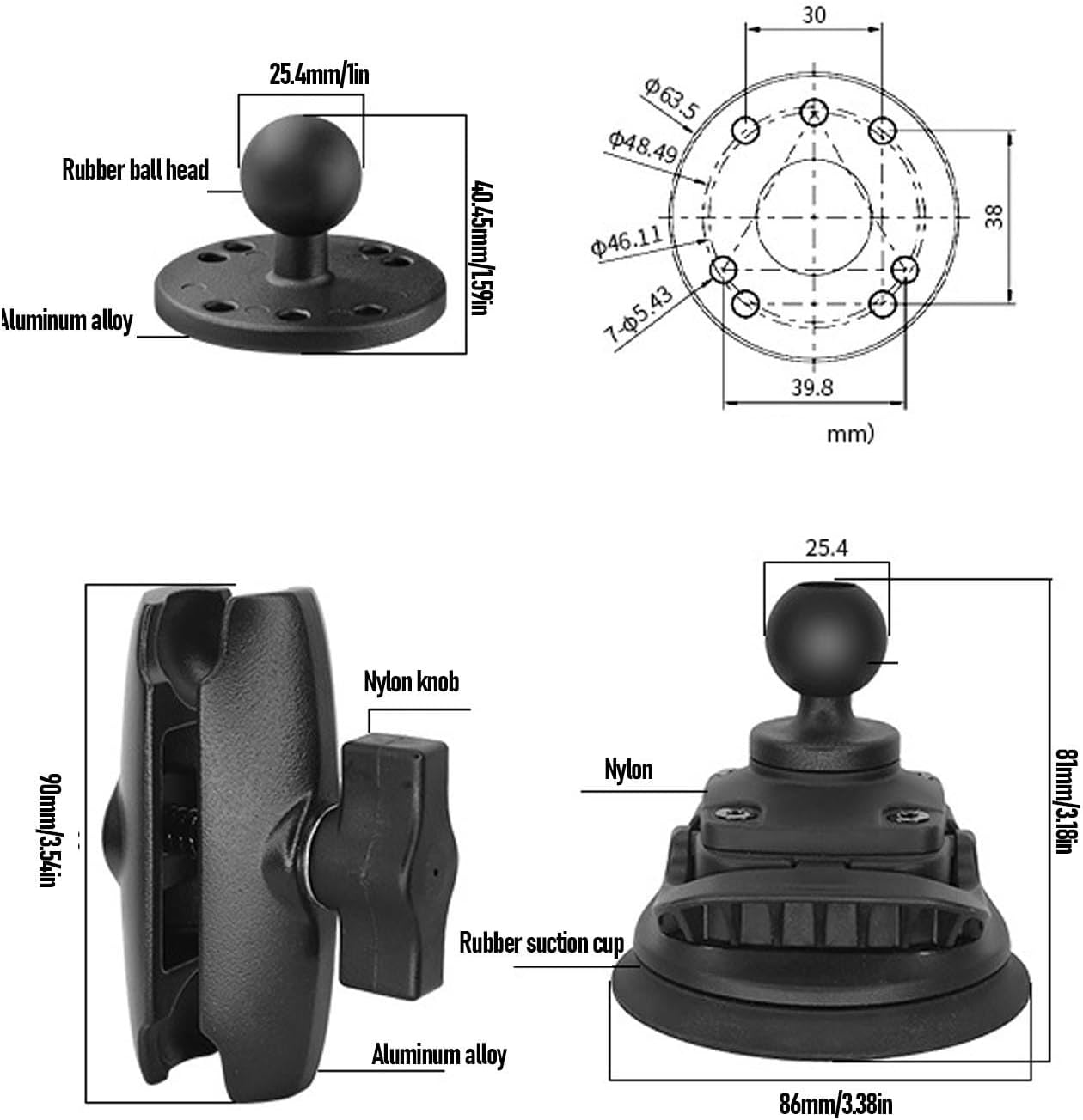 Buachois Double Ball Mount with Suction Cup Base and Round Plate, Adjustable Tablet Holder Car Windshield Mount for Phone GPS Device