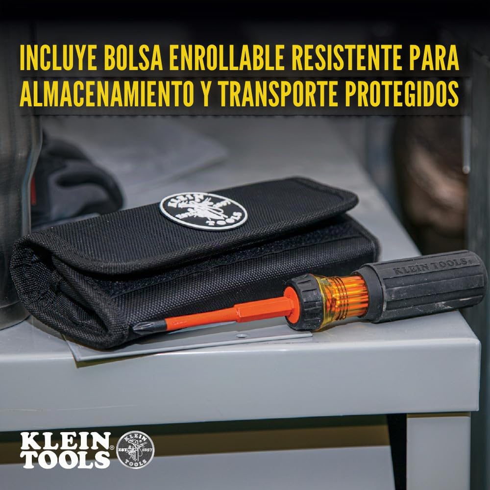 Klein Tools 32288 Destornillador aislado, juego de destornilladores 8 en 1 con cuchillas intercambiables, 3 Phillips, 3 puntas ranuradas y 2 puntas cuadradas