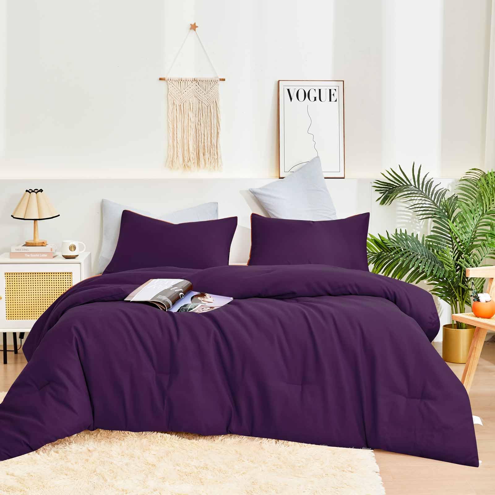Photo 1 of Nanko Purple Queen Size Comforter Set, Winter Spring Soft Microfiber Reversible Down Alternative Quilted Duvet Insert, Modern Farmhouse Neutral Bedding Sets Bed in a Bag for Women Men,88x 90 inch 3pcs Queen Purple Comforter Set