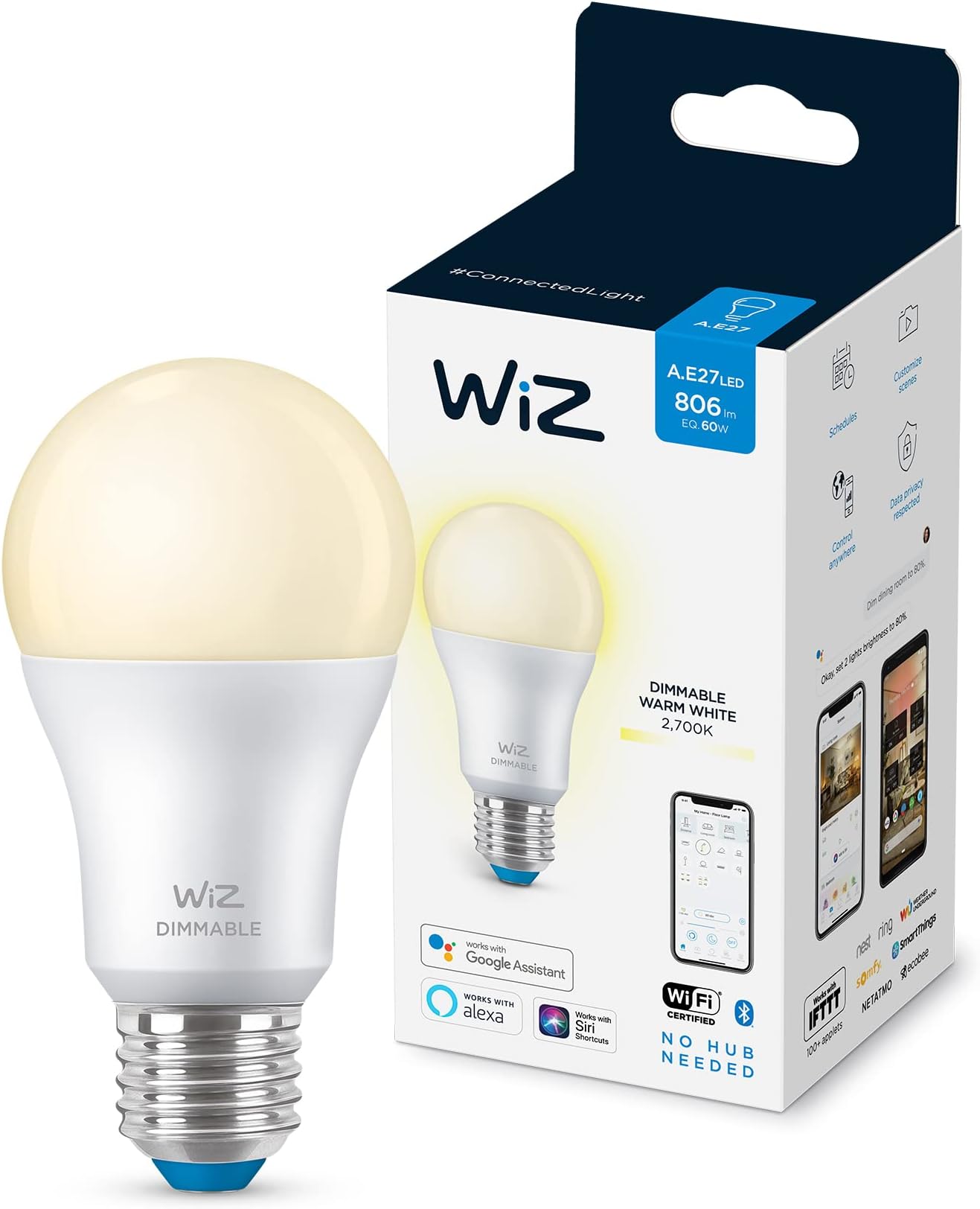 Dimmable [E27 Edison Screw] Smart Connected WiFi Light Bulb. 60W Warm White Light, App Control for Home Indoor Lighting, Livingroom, Bedroom.