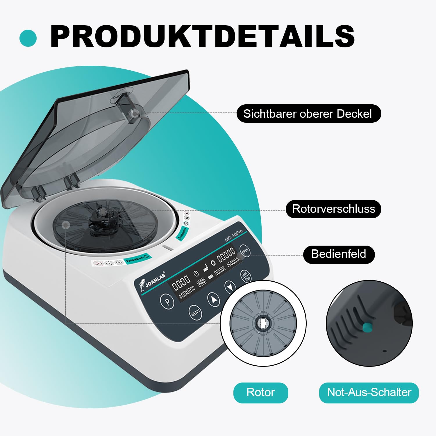 JOANLAB Hochgeschwindigkeits-Mikrozentrifuge 10000 U/min, LCD-Anzeige - mit Mikro-Rotor (40mm, Φ1,5mm) & Rotor für 0,2/0,5/1,5/2ml Probenröhrchen, für Labor