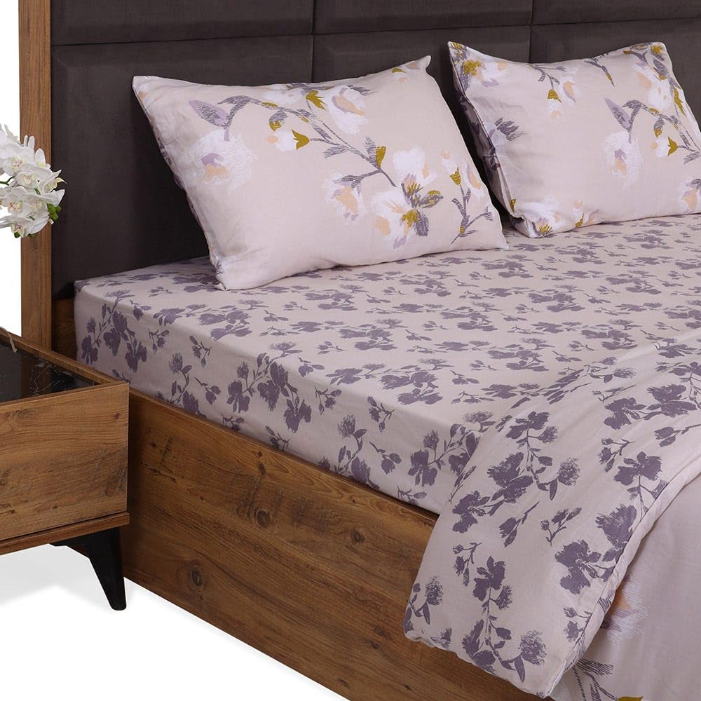 homes r us Renata 3-Piece Fitted Sheet, Peach & Grey – 200 Tc, 200X200 Cms