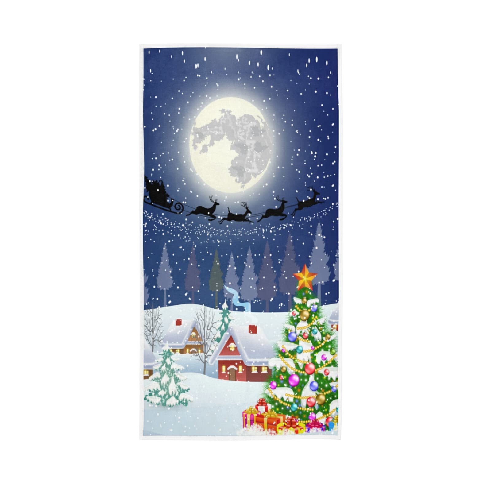HUYGD Christmas Santa Claus Flying on a Sleigh, Tree, Snowman, Snow House Soft Hand Bath Towel 30" x 15" Thin Fast Drying Absorbent Soft Towels for Kitchen Gym Spa Hotel Beach