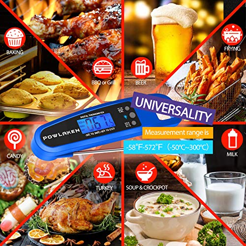 Powlaken Meat Food Thermometer for Grill and Cooking, Instant Read Waterproof Digital Kitchen Thermometer Probe for Grilling Smoker Oil Deep Fry Candy (Blue)