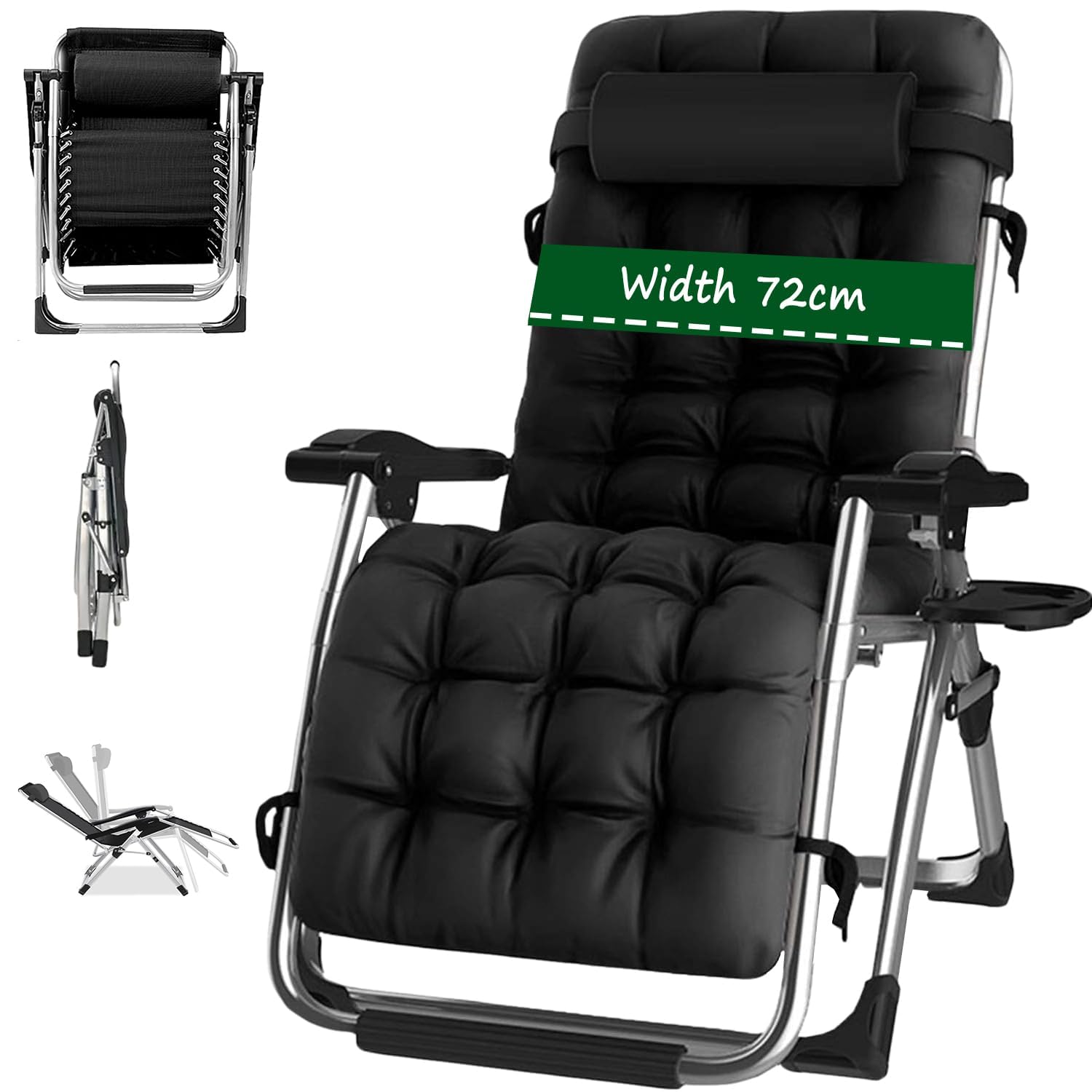 PETHOMEL Premium Zero Gravity Reclining Chair with Cup Holder Headrest Pillow, Folding Sunlounger for Pool, Patio, Beach Terrace (A-Black Cushion, Set of 1)