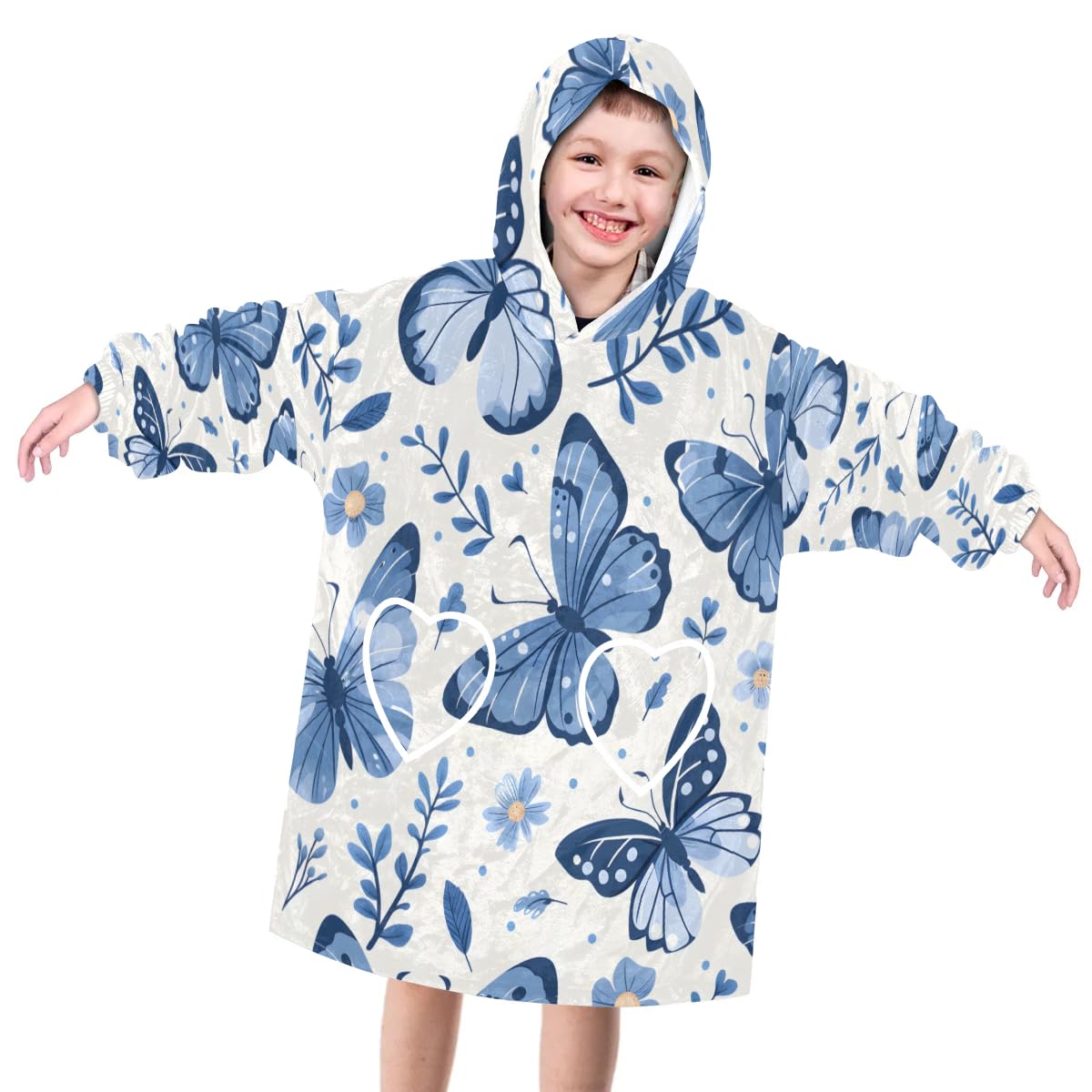 Wearable Blanket Hoodie for Kids, Sunlit butterfly Fleece Sweatshirt Blanket Oversized Blanket Sweatshirt with Pocket Flannel Warm Hooded Blanket 6-10 Year Old Girl Boy Gift, One Size