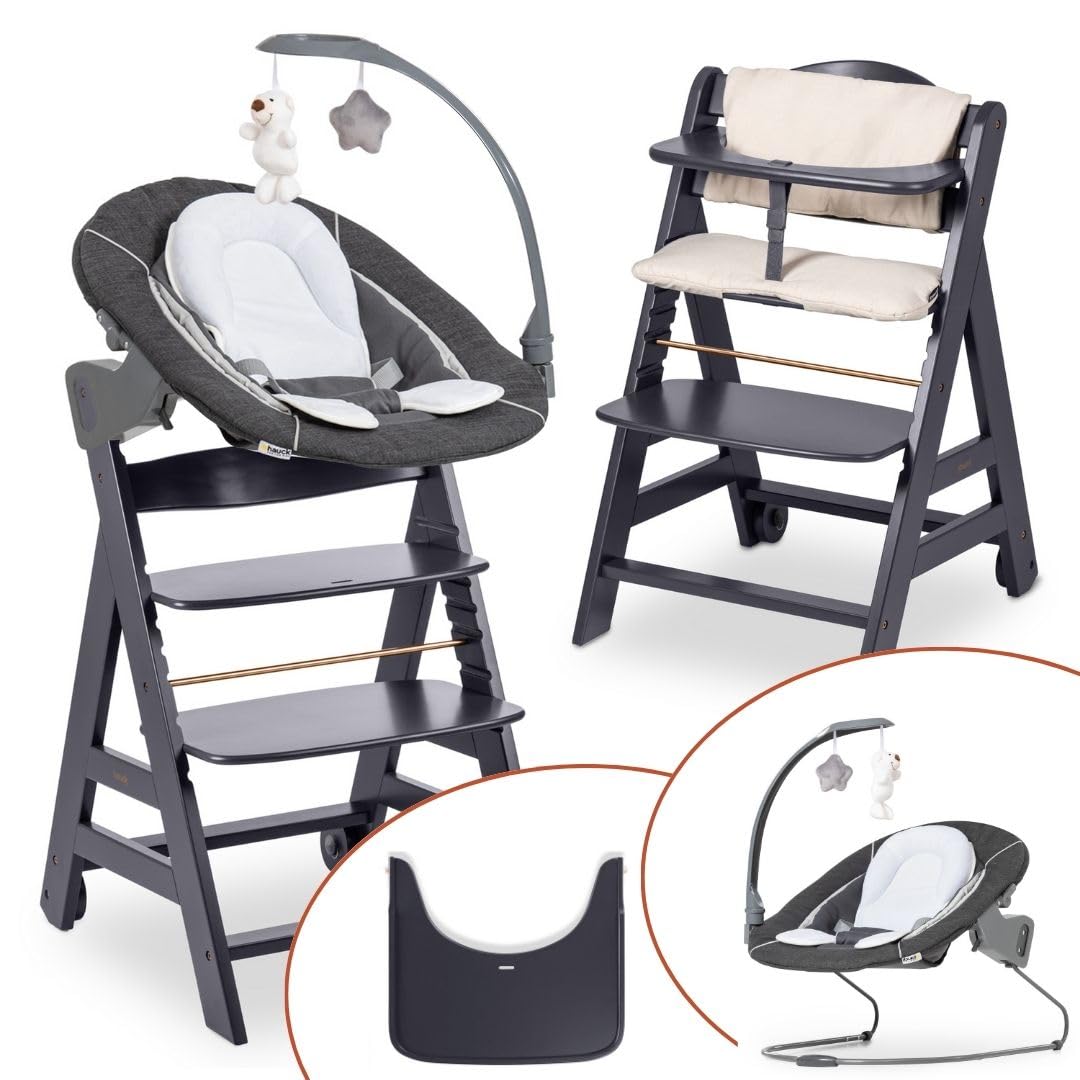 hauck Seggiolone Beta Plus Deluxe - Seggiolone Evolutivo in Legno con Sdraietta e Dondolo per Neonati, Sediolone Pappa, Sicurezza Massima con Cintura a 5 Punti, Regolabile per Tavoli Standard -