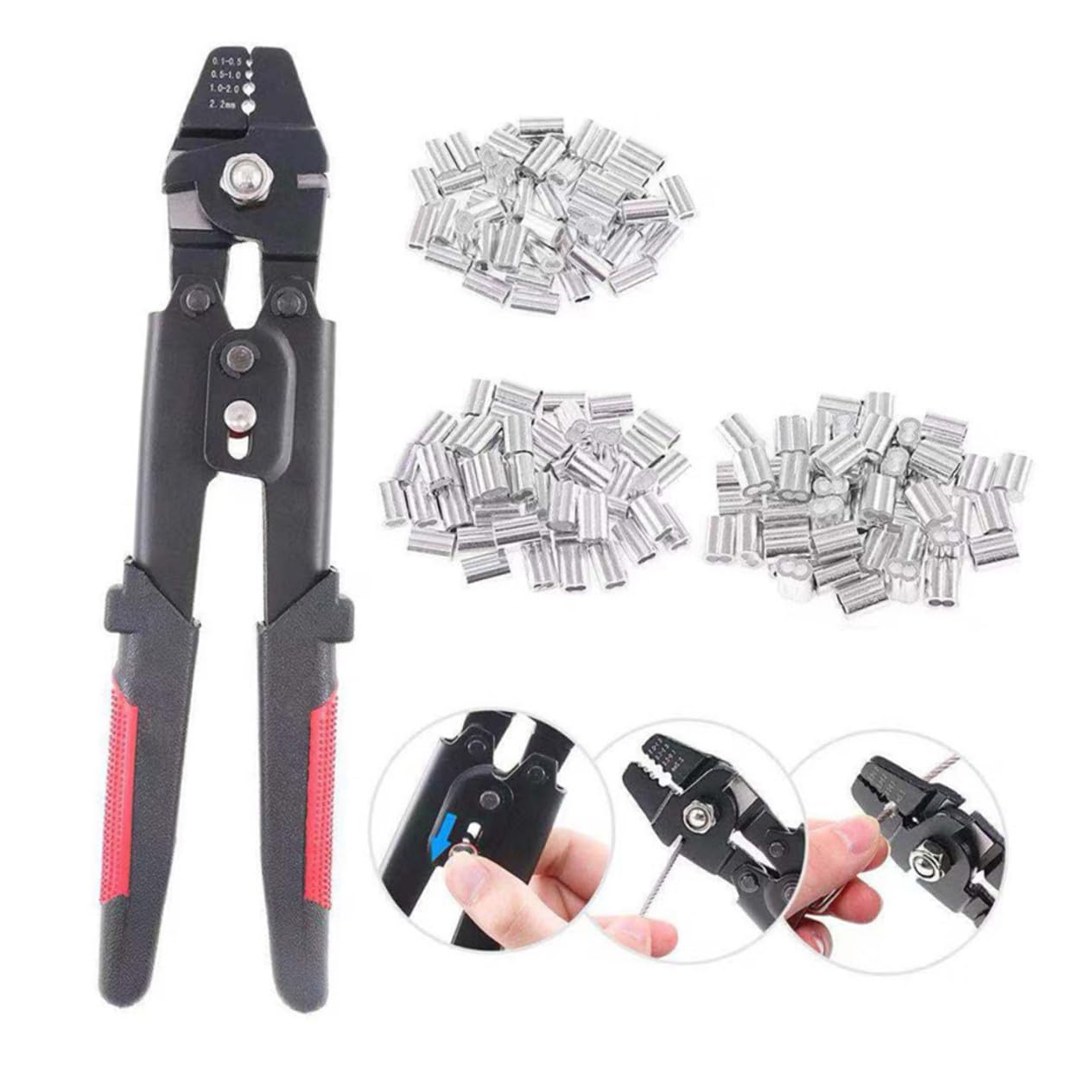 Gadpiparty Pinza Crimpatrice per Fili 4 Posizioni di Crimpatura con Manicotto in Alluminio Manico Antiscivolo in Pvc, Kit con 180 Pezzi di Manicotti Doppi
